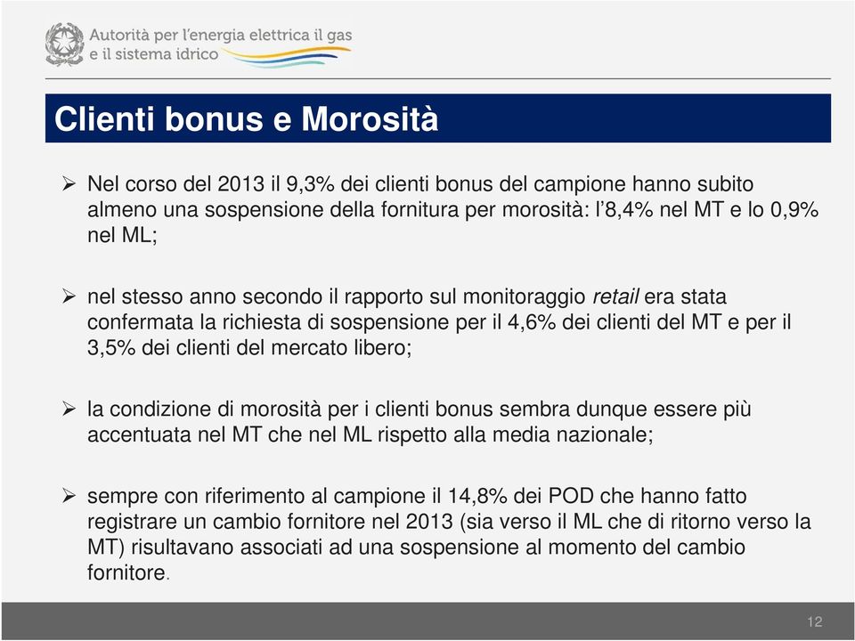 libero; la condizione di morosità per i clienti bonus sembra dunque essere più accentuata nel MT che nel ML rispetto alla media nazionale; sempre con riferimento al campione il