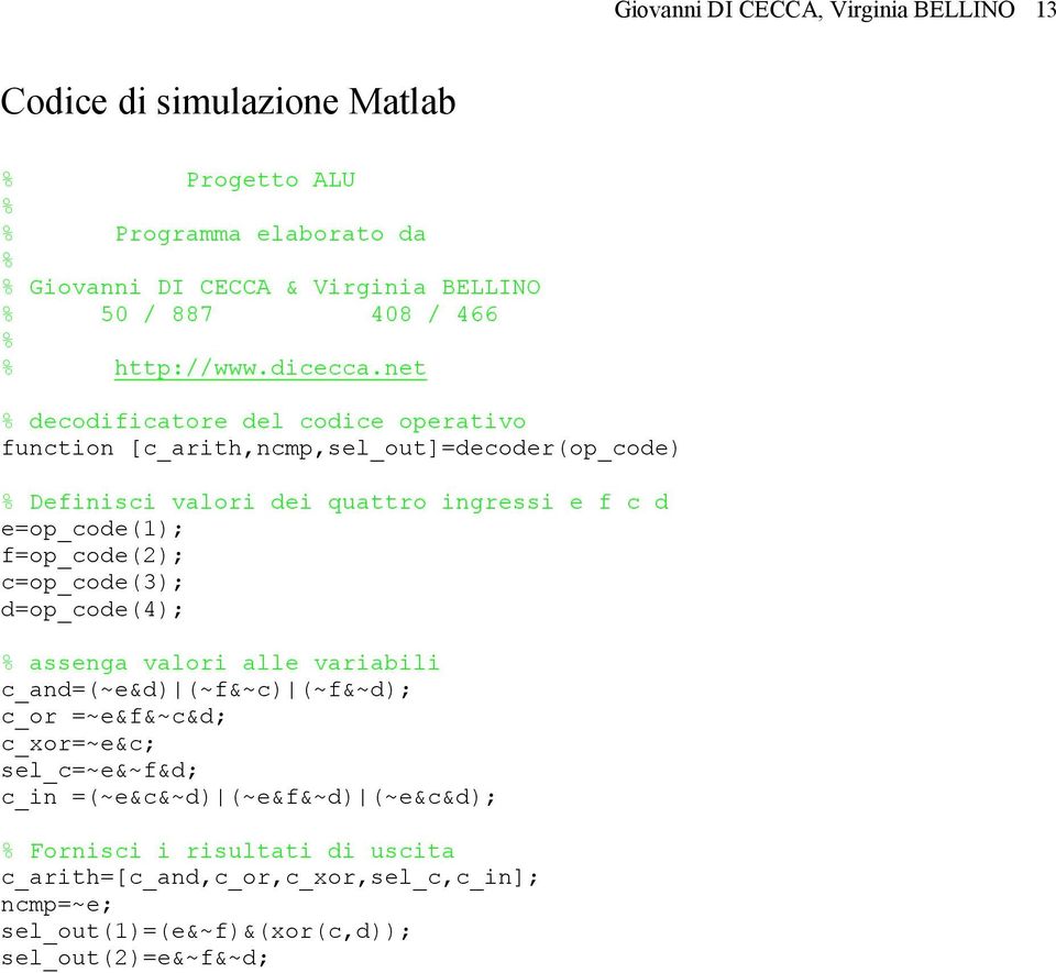 et decodificatore del codice operativo fuctio [c_arith,cmp,sel_out]=decoder(op_code) Defiisci valori dei quattro igressi e f c d e=op_code(1);