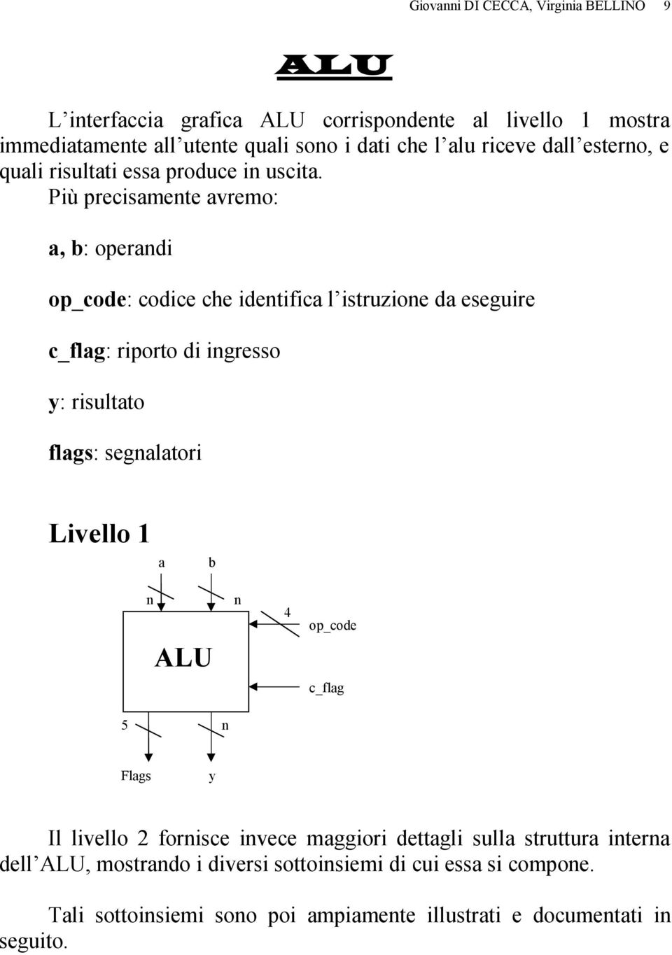 Più precisamete avremo: a, b: operadi op_code: codice che idetifica l istruzioe da eseguire c_flag: riporto di igresso y: risultato flags: segalatori