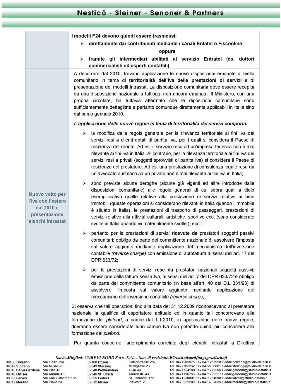 servizi e di presentazione dei modelli Intrastat. La disposizione comunitaria deve essere recepita da una disposizione nazionale a tutt oggi non ancora emanata.