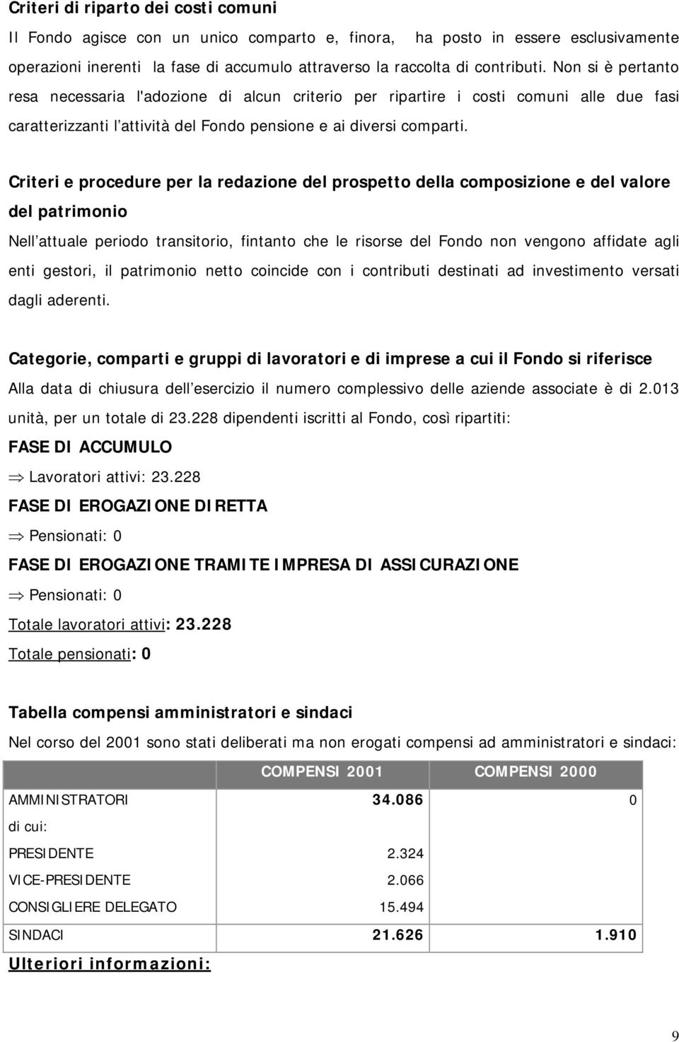 Criteri e procedure per la redazione del prospetto della composizione e del valore del patrimonio Nell attuale periodo transitorio, fintanto che le risorse del Fondo non vengono affidate agli enti