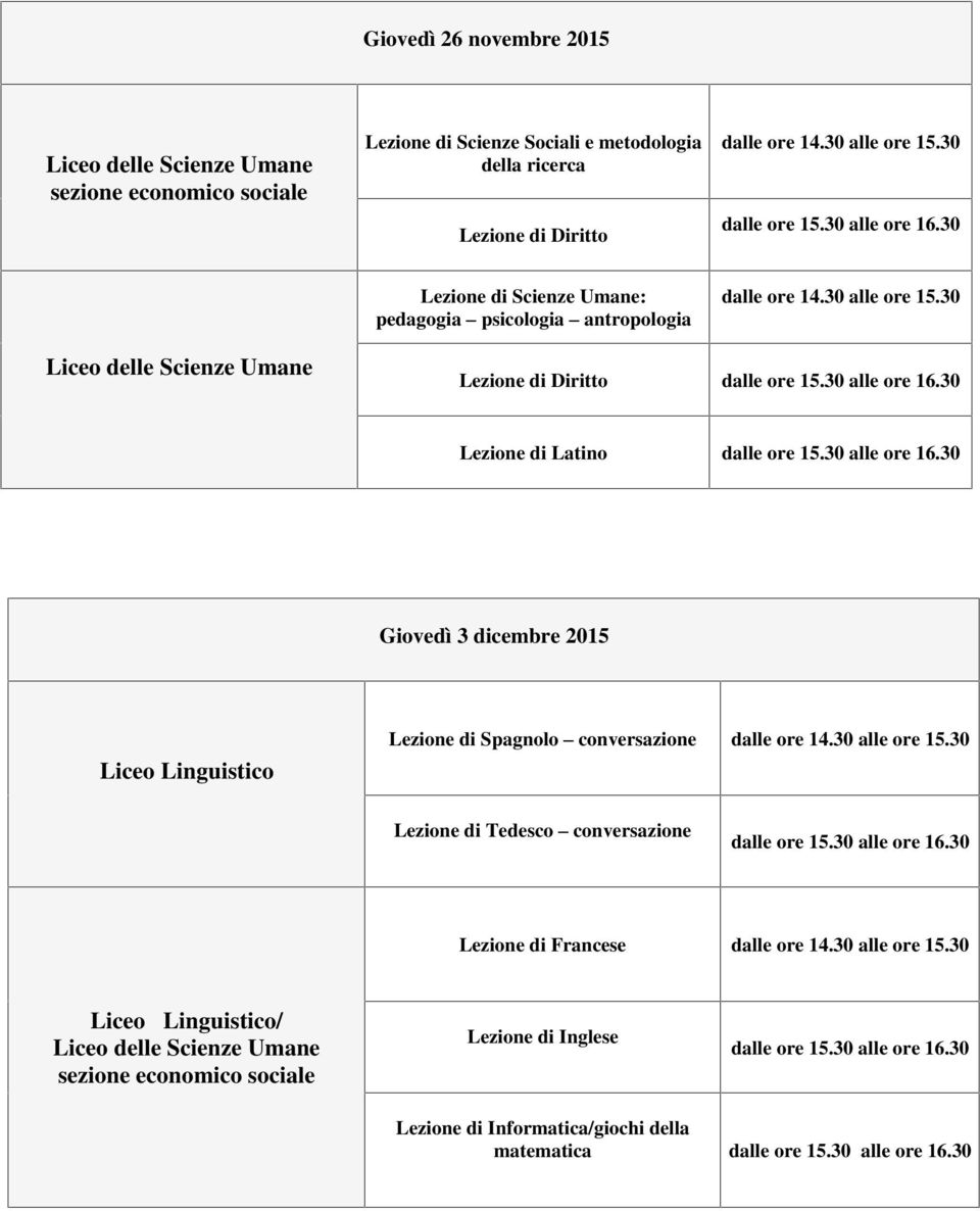dicembre 2015 Lezione di Spagnolo conversazione Lezione di Tedesco