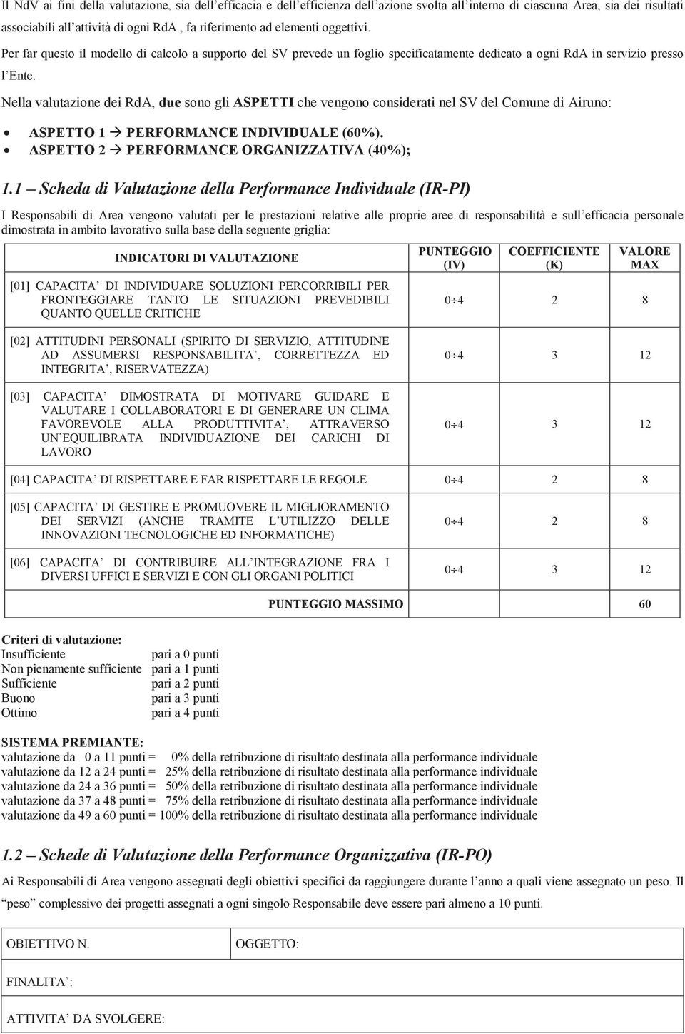 Nella valutazione dei RdA, due sono gli ASPETTI che vengono considerati nel SV del Comune di Airuno: ASPETTO PERFORMANCE INDIVIDUALE (60%). ASPETTO PERFORMANCE ORGANIZZATIVA (40%);.