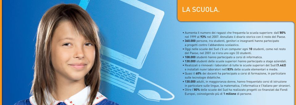 Oggi nelle scuole del Sud c'è un computer ogni 10 studenti, come nel resto del Paese; nel 2001 ce n'era uno ogni 33 studenti. 108.000 studenti hanno partecipato a corsi di informatica. 130.