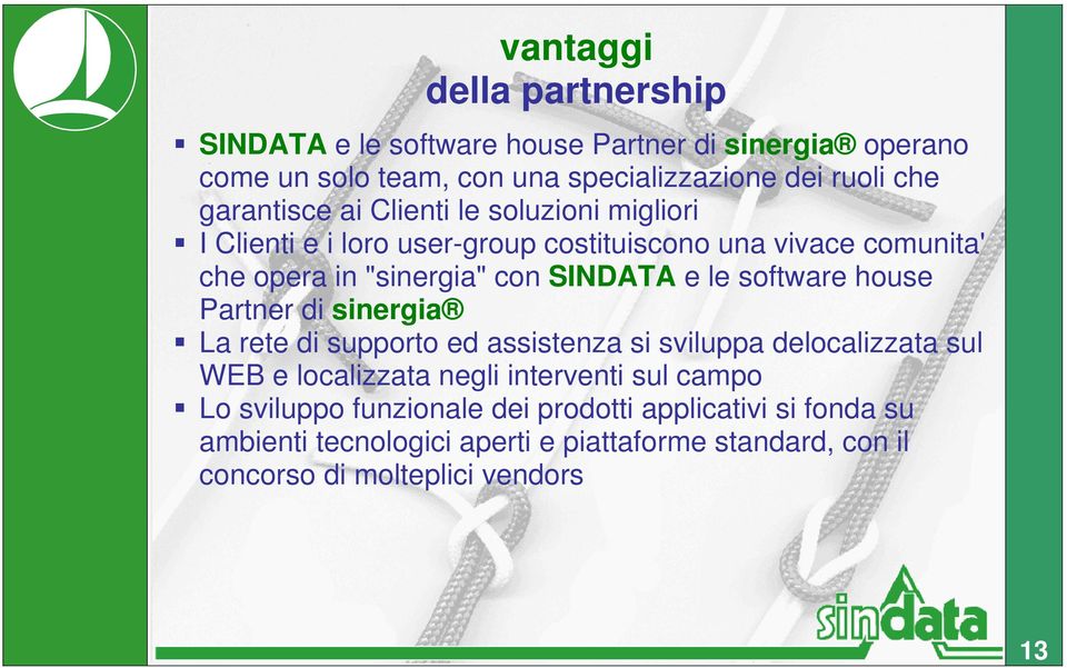 le software house Partner di sinergia La rete di supporto ed assistenza si sviluppa delocalizzata sul WEB e localizzata negli interventi sul campo