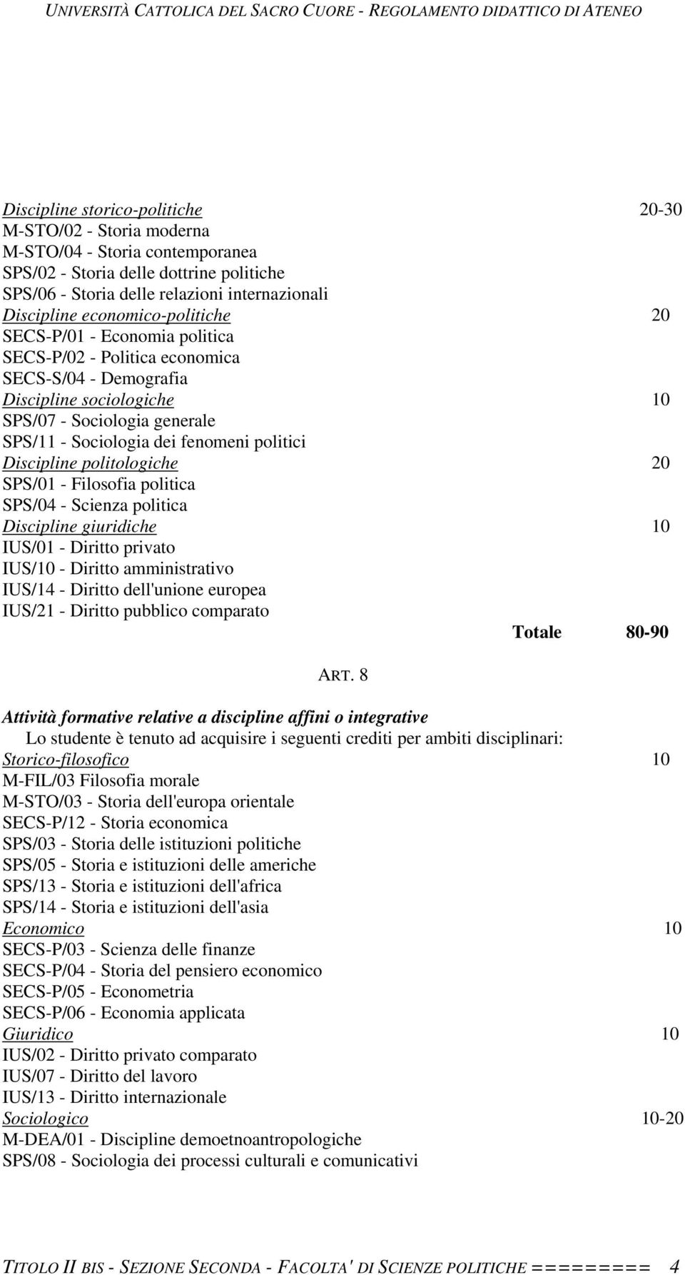 politici Discipline politologiche 20 SPS/01 - Filosofia politica SPS/04 - Scienza politica Discipline giuridiche 10 IUS/01 - Diritto privato IUS/10 - Diritto amministrativo IUS/14 - Diritto