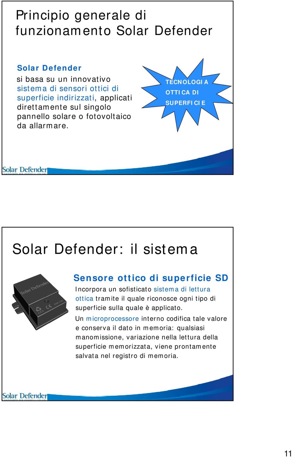 TECNOLOGIA OTTICA DI SUPERFICIE Solar Defender: il sistema Sensore ottico di superficie SD Incorpora un sofisticato sistema di lettura ottica tramite il quale