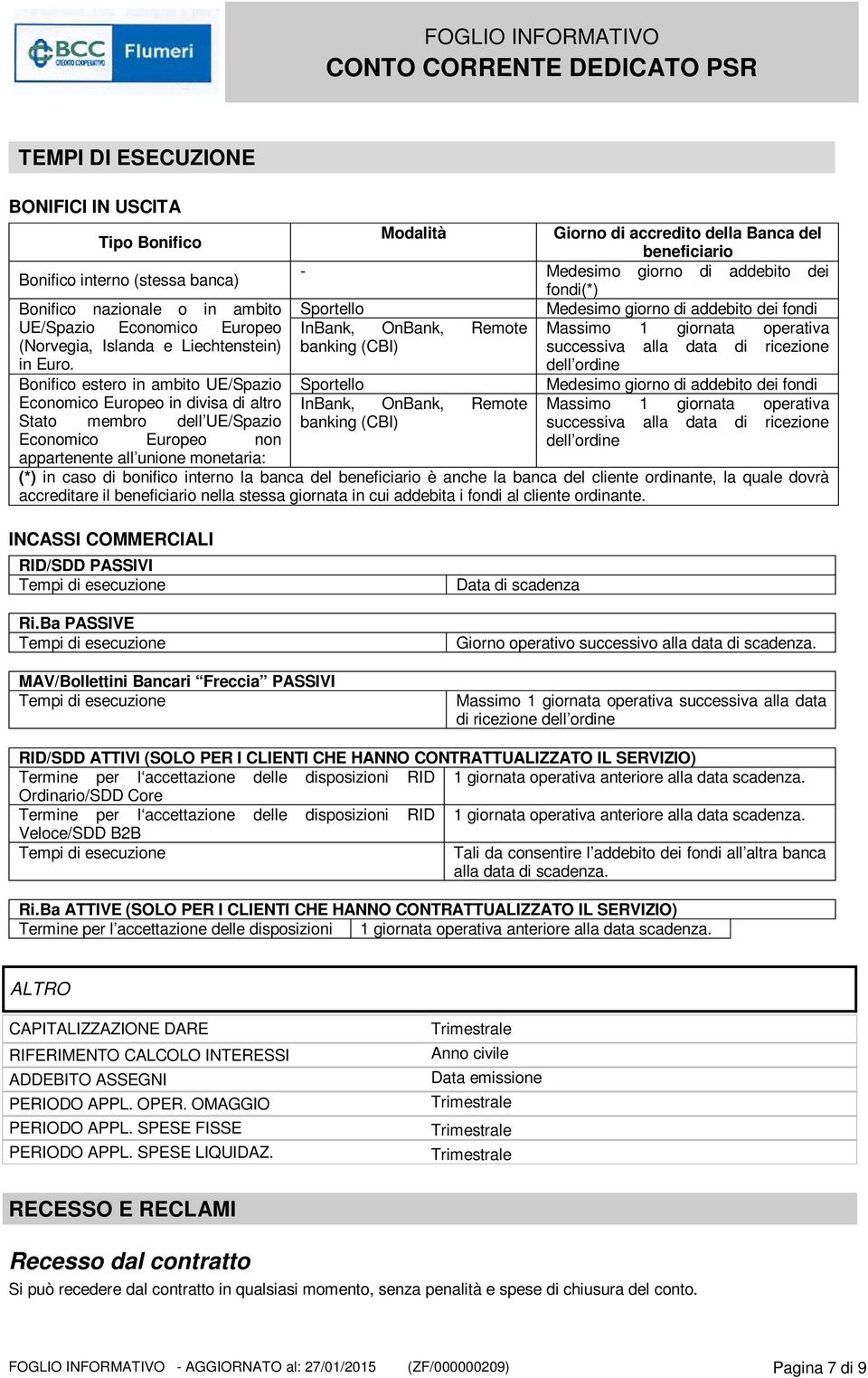 di addebito dei fondi(*) Sportello Medesimo giorno di addebito dei fondi InBank, OnBank, Remote Massimo 1 giornata operativa banking (CBI) successiva alla data di ricezione dell ordine Sportello