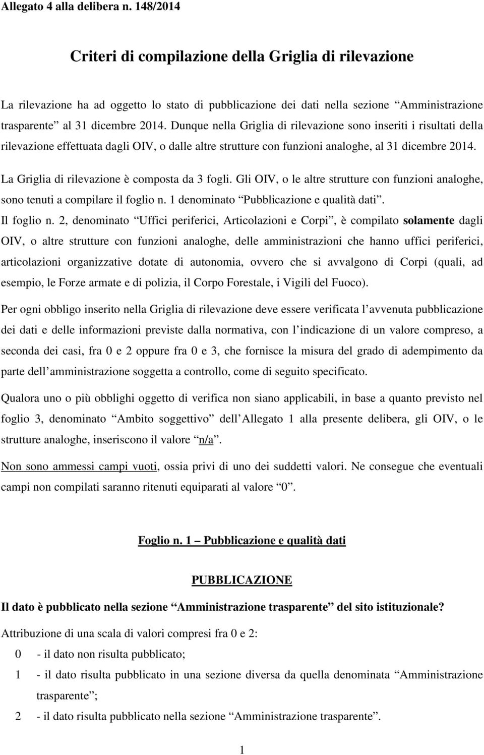 La Griglia di rilevazione è composta da 3 fogli. Gli OIV, o le altre strutture con funzioni analoghe, sono tenuti a compilare il foglio n. 1 denominato Pubblicazione e qualità dati. Il foglio n.