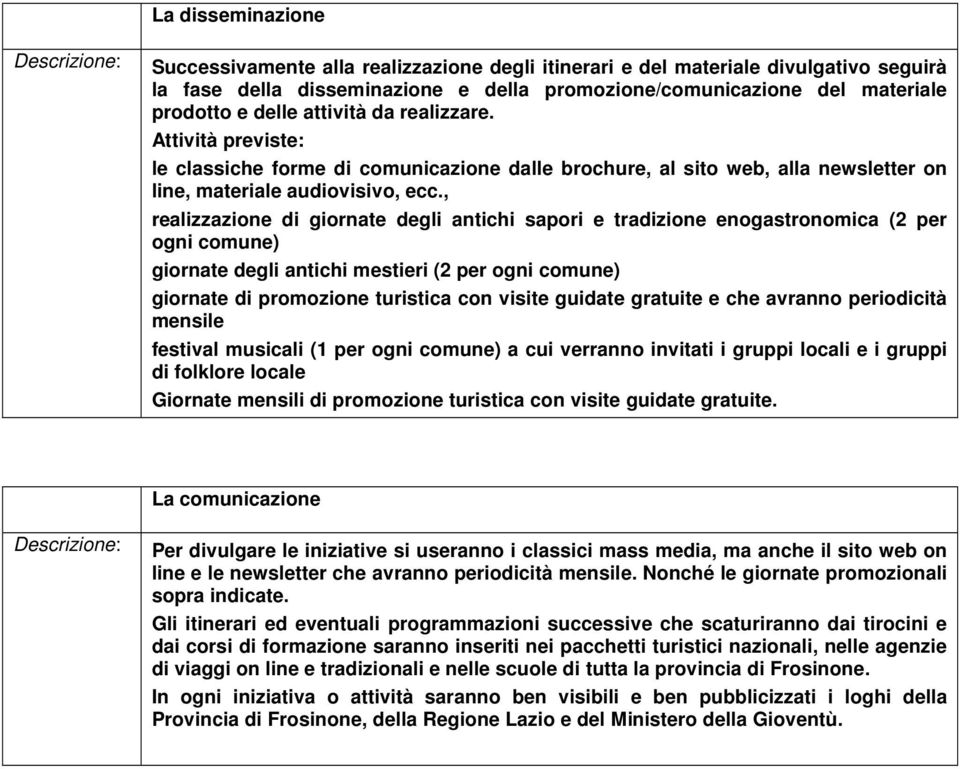 , realizzazione di giornate degli antichi sapori e tradizione enogastronomica (2 per ogni comune) giornate degli antichi mestieri (2 per ogni comune) giornate di promozione turistica con visite