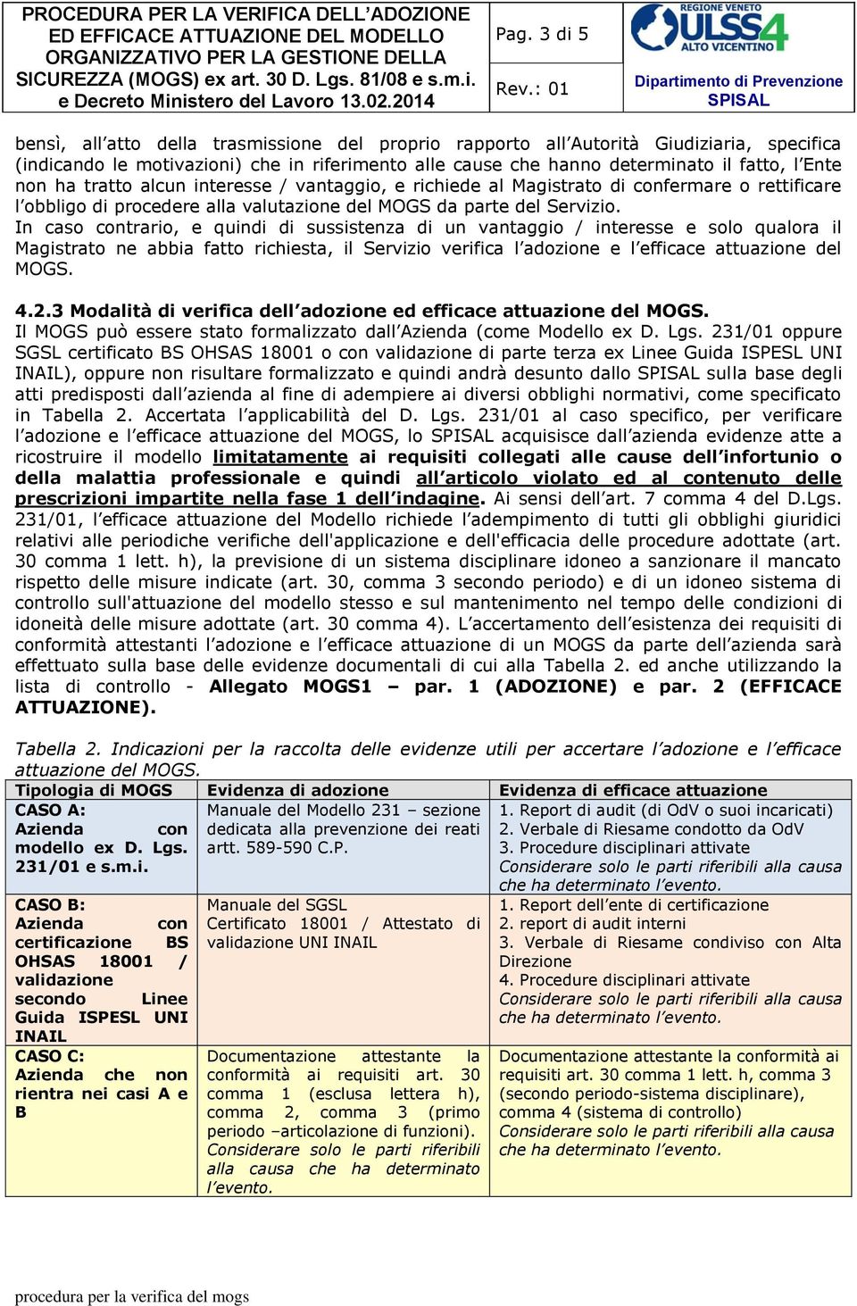 In caso contrario, e quindi di sussistenza di un vantaggio / interesse e solo qualora il Magistrato ne abbia fatto richiesta, il Servizio verifica l adozione e l efficace attuazione del MOGS. 4.2.