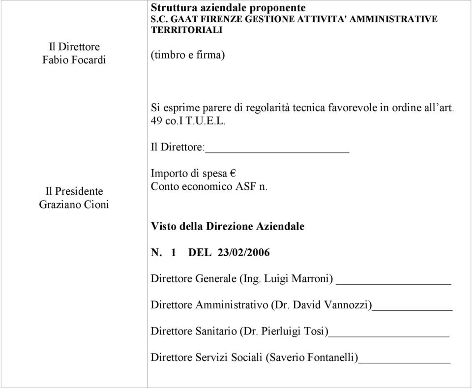 ordine all art. 49 co.i T.U.E.L. Il Direttore: Il Presidente Graziano Cioni Importo di spesa Conto economico ASF n.