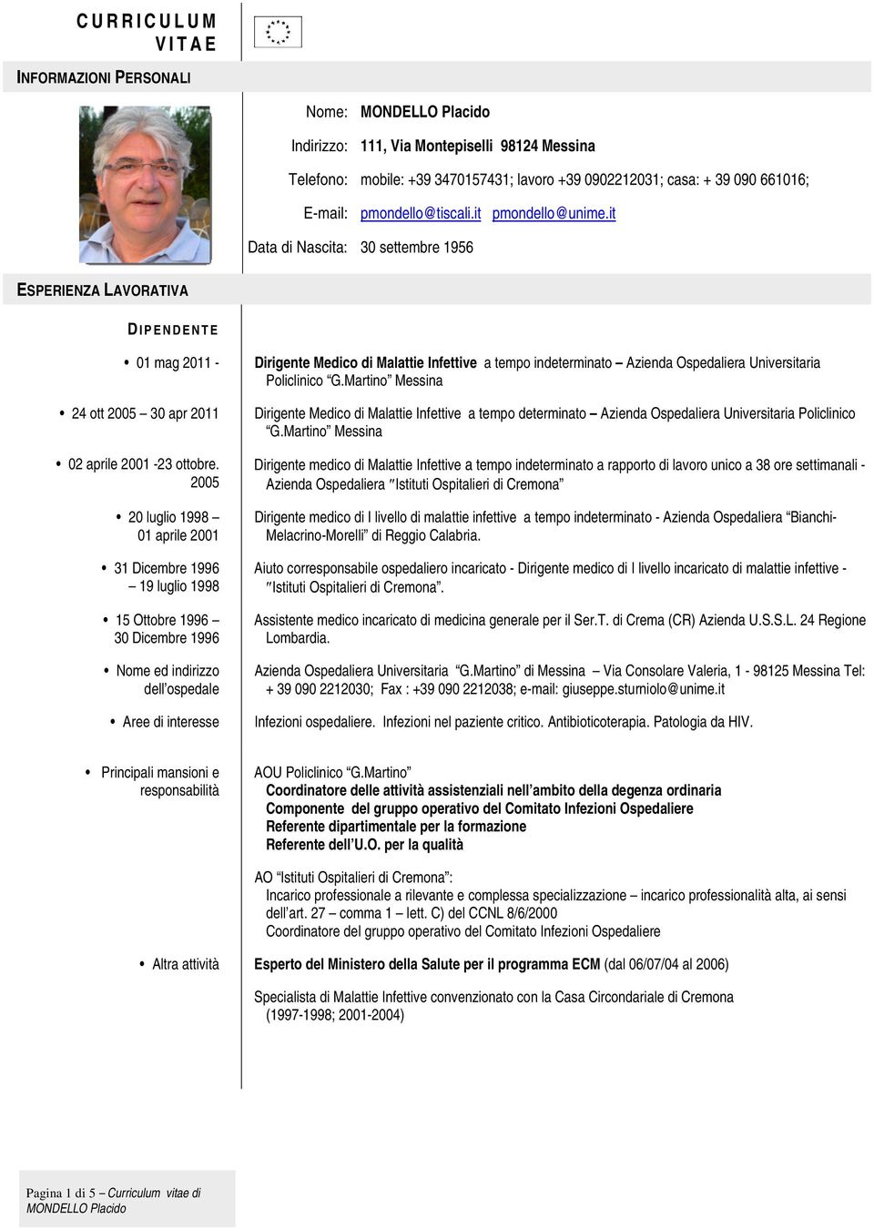 2005 20 luglio 1998 01 aprile 2001 31 Dicembre 1996 19 luglio 1998 15 Ottobre 1996 30 Dicembre 1996 Nome ed indirizzo dell ospedale Aree di interesse Dirigente Medico di Malattie Infettive a tempo