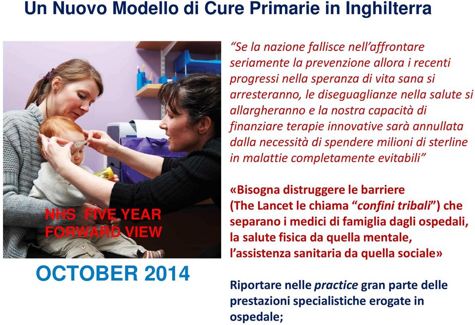 in malattie completamente evitabili NHS FIVE YEAR FORWARD VIEW OCTOBER 2014 «Bisogna distruggere le barriere (The Lancet le chiama confini tribali ) che separano i medici di