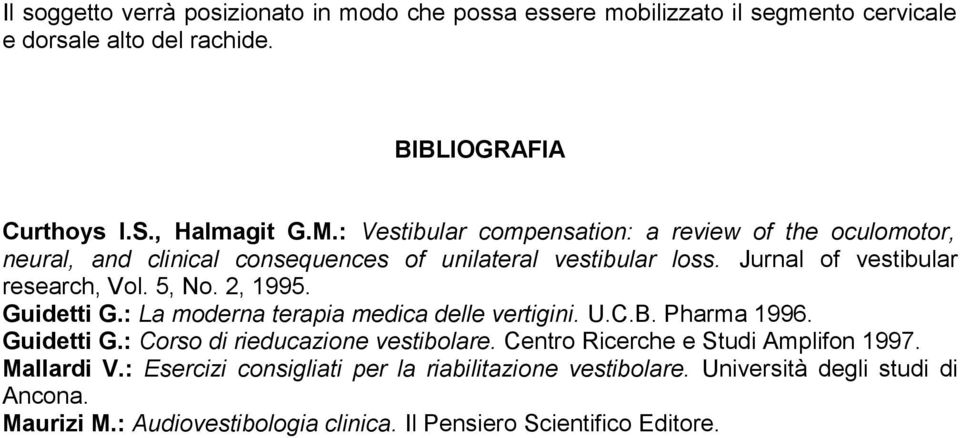 2, 1995. Guidetti G.: La moderna terapia medica delle vertigini. U.C.B. Pharma 1996. Guidetti G.: Corso di rieducazione vestibolare.
