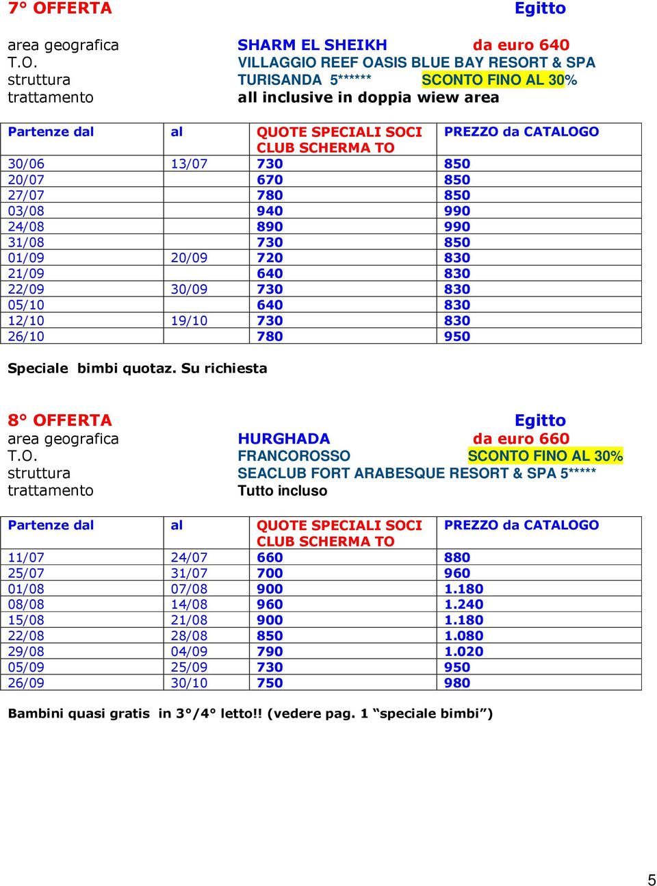 bimbi quotaz. Su richiesta 8 OFFERTA Egitto area geografica HURGHADA da euro 660 T.O. FRANCOROSSO SCONTO FINO AL 30% struttura SEACLUB FORT ARABESQUE RESORT & SPA 5***** 11/07 24/07 660 880 25/07 31/07 700 960 01/08 07/08 900 1.