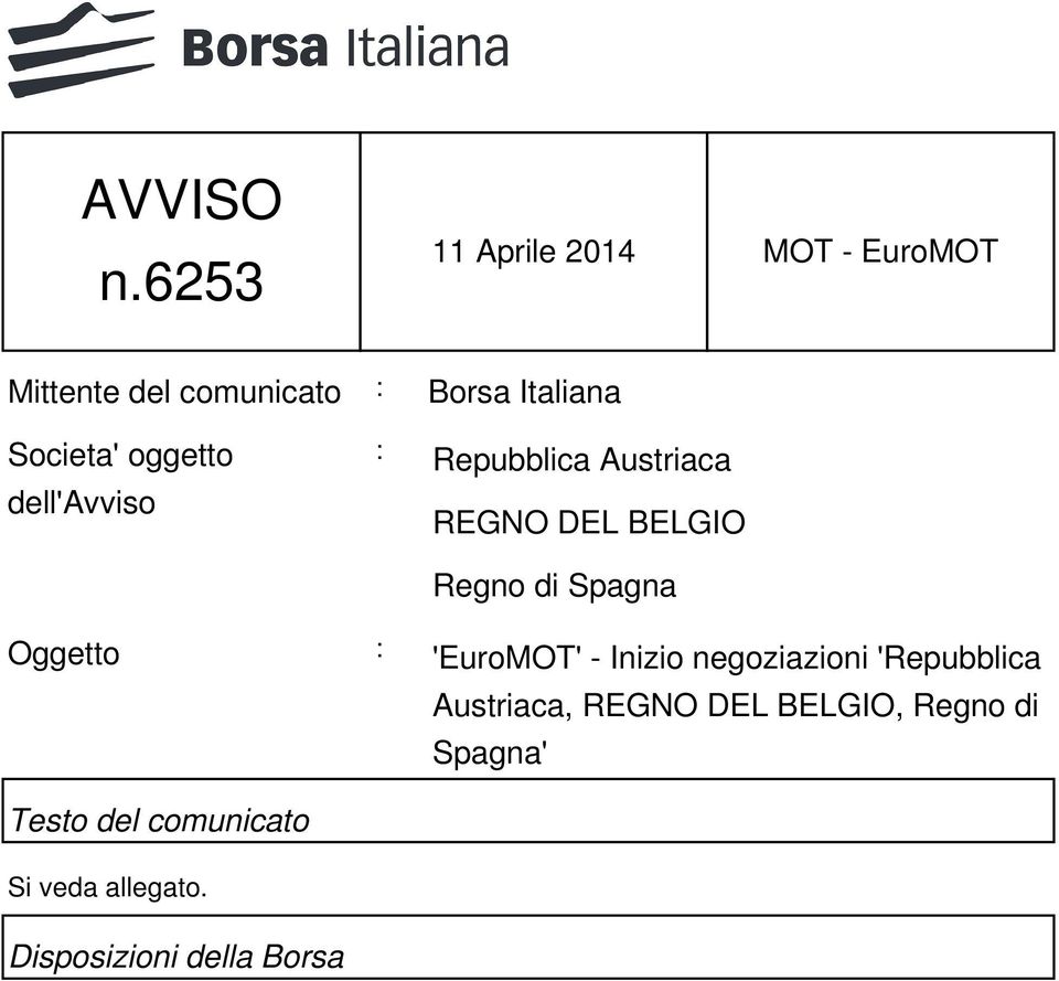 Societa' oggetto dell'avviso : Repubblica Austriaca REGNO DEL BELGIO Regno di