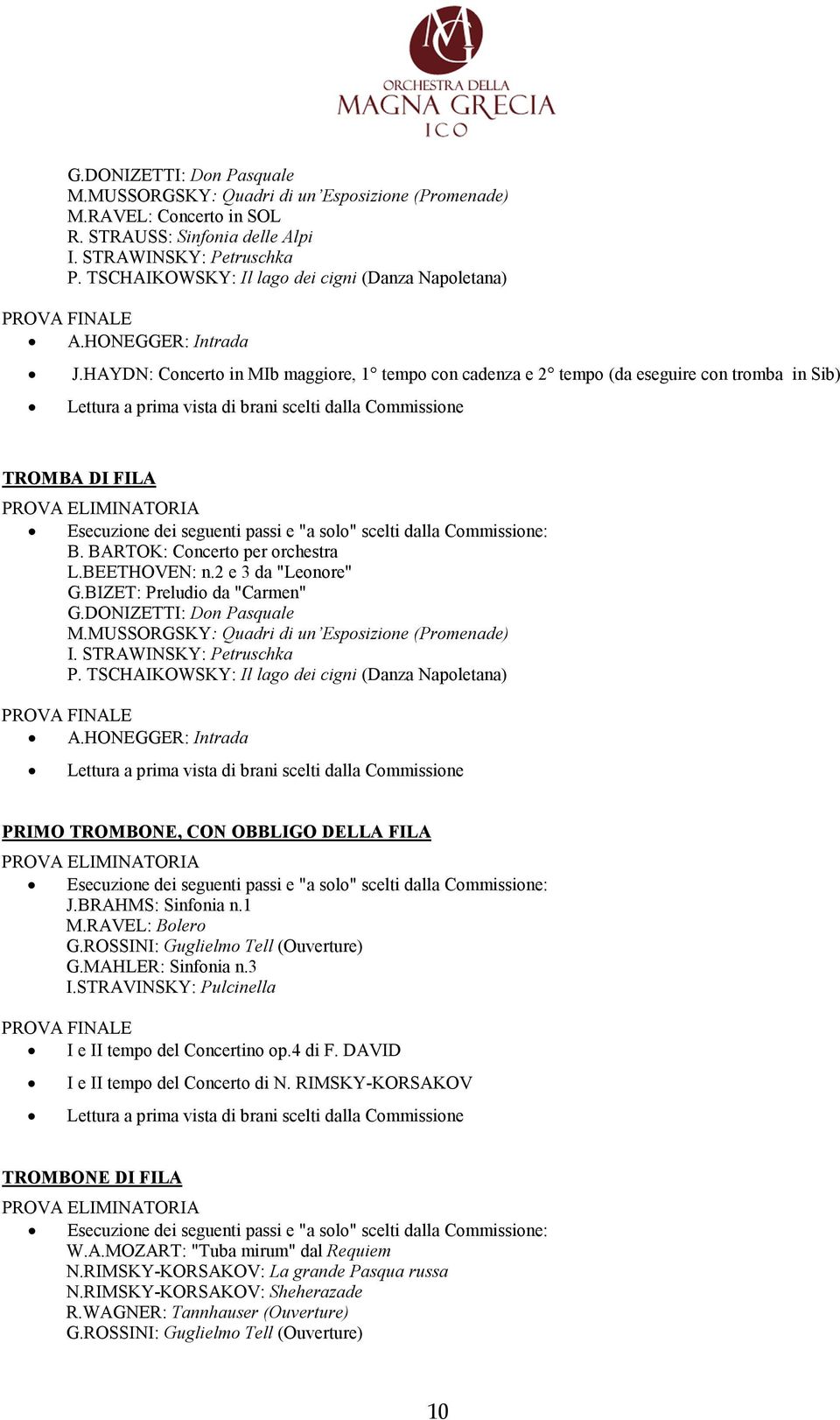 BARTOK: Concerto per orchestra L.BEETHOVEN: n.2 e 3 da "Leonore" G.BIZET: Preludio da "Carmen" G.DONIZETTI: Don Pasquale M.MUSSORGSKY: Quadri di un Esposizione (Promenade) I. STRAWINSKY: Petruschka P.