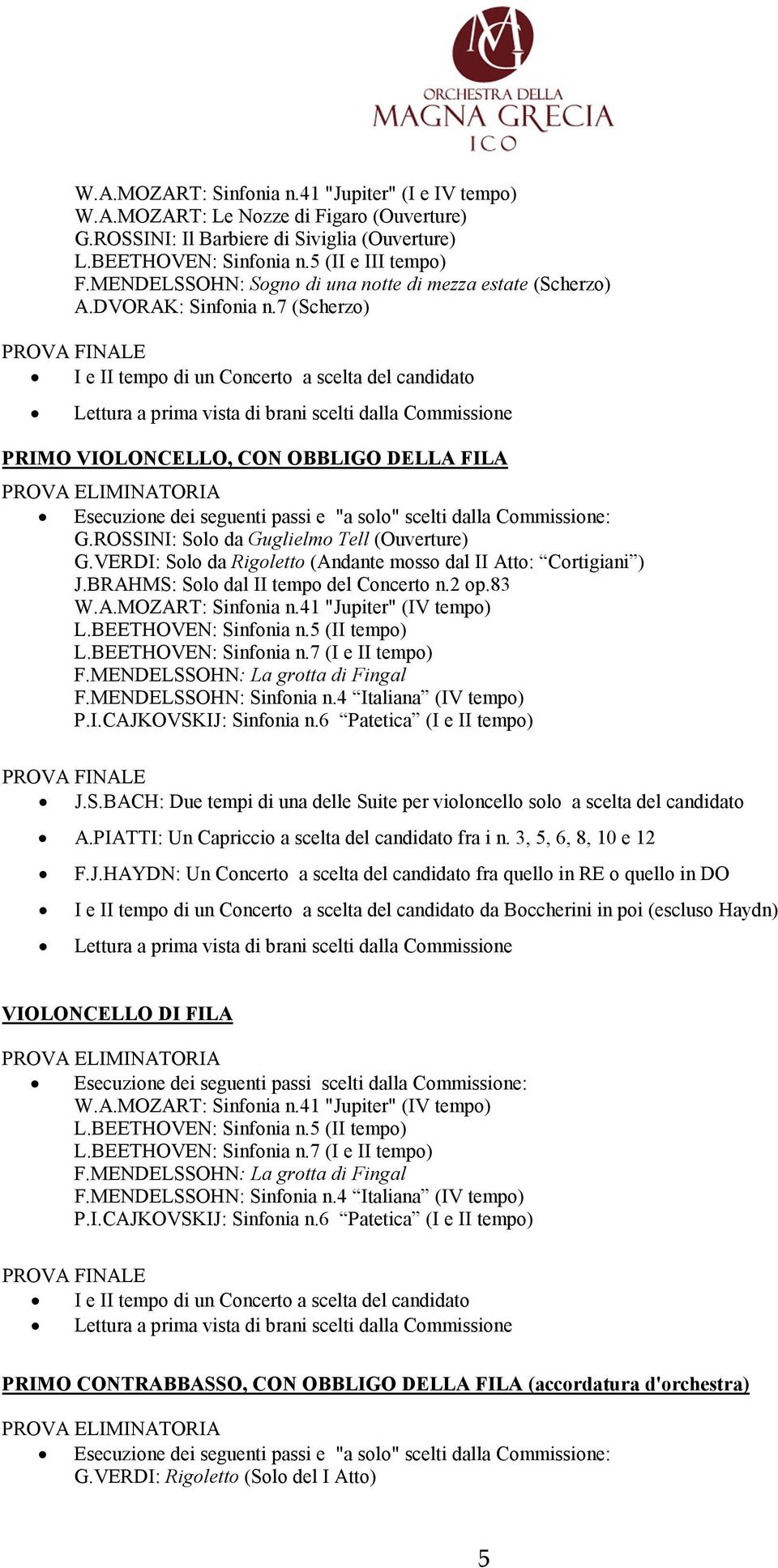 ROSSINI: Solo da Guglielmo Tell (Ouverture) G.VERDI: Solo da Rigoletto (Andante mosso dal II Atto: Cortigiani ) J.BRAHMS: Solo dal II tempo del Concerto n.2 op.83 W.A.MOZART: Sinfonia n.