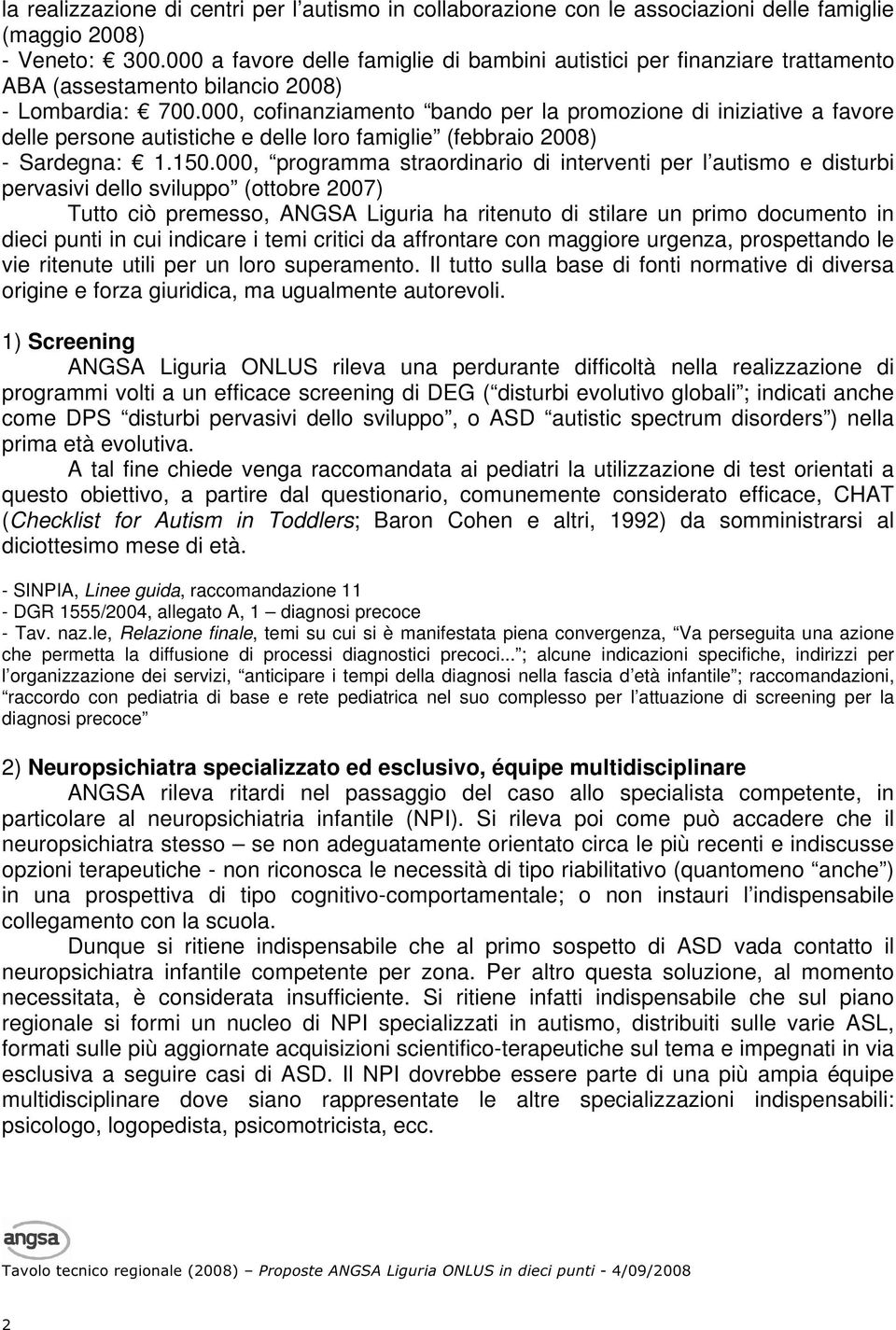 000, cofinanziamento bando per la promozione di iniziative a favore delle persone autistiche e delle loro famiglie (febbraio 2008) - Sardegna: 1.150.