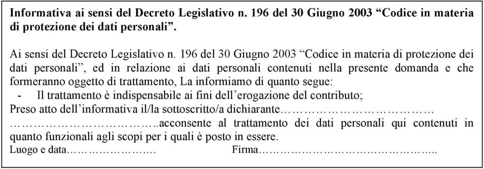 oggetto di trattamento, La informiamo di quanto segue: - Il trattamento è indispensabile ai fini dell erogazione del contributo; Preso atto dell informativa il/la