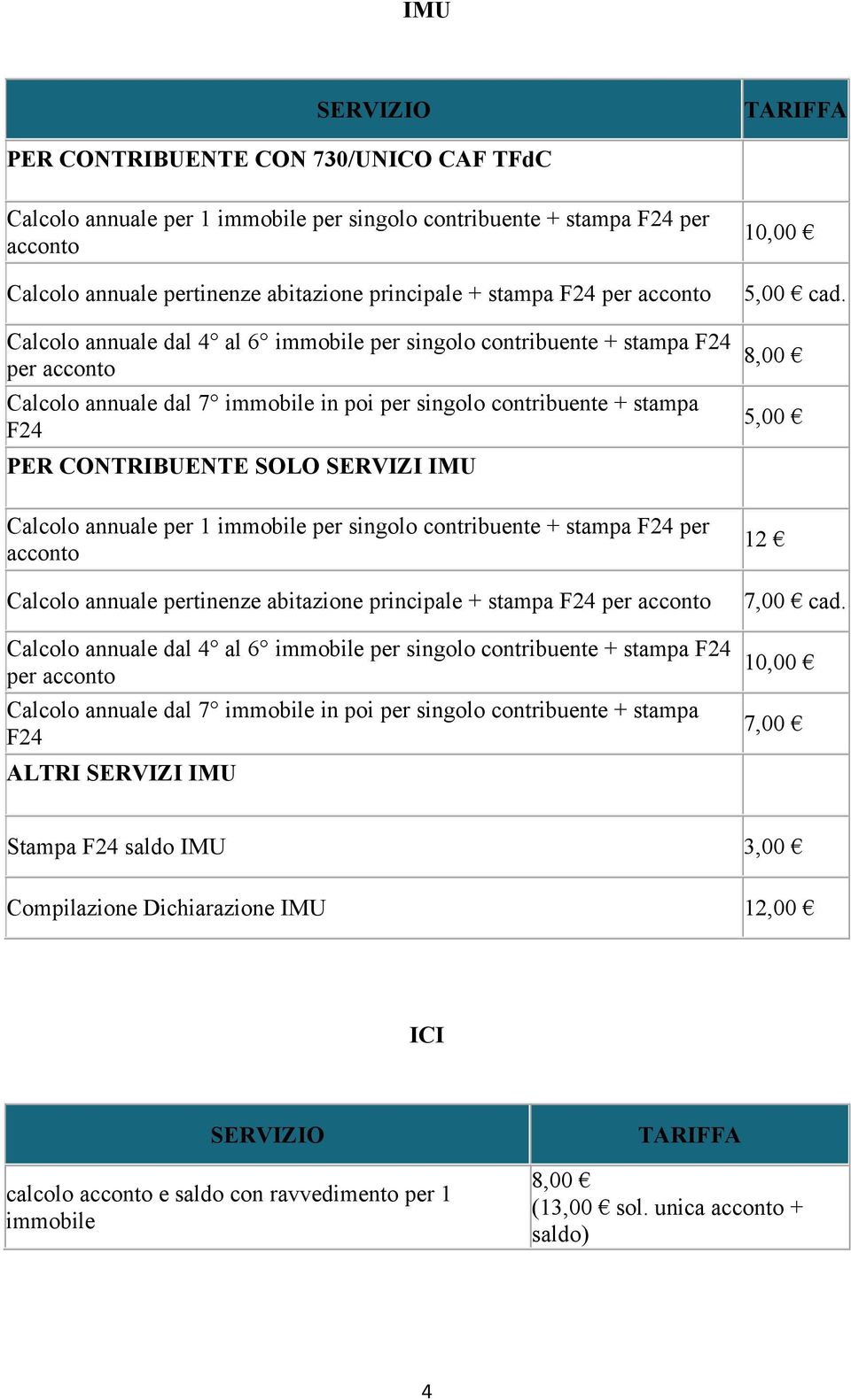 Calcolo annuale per 1 immobile per singolo contribuente + stampa F24 per acconto Calcolo annuale pertinenze abitazione principale + stampa F24 per acconto Calcolo annuale dal 4Å al 6Å immobile per