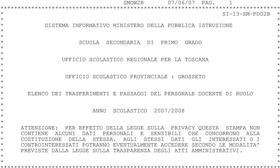 * * UFFICIO SCOLASTICO REGIONALE PER LA TOSCANA * * UFFICIO SCOLASTICO PROVINCIALE : GROSSETO * * ELENCO DEI TRASFERIMENTI E PASSAGGI DEL PERSONALE DOCENTE DI RUOLO * * ANNO SCOLASTICO 2007/2008 * *