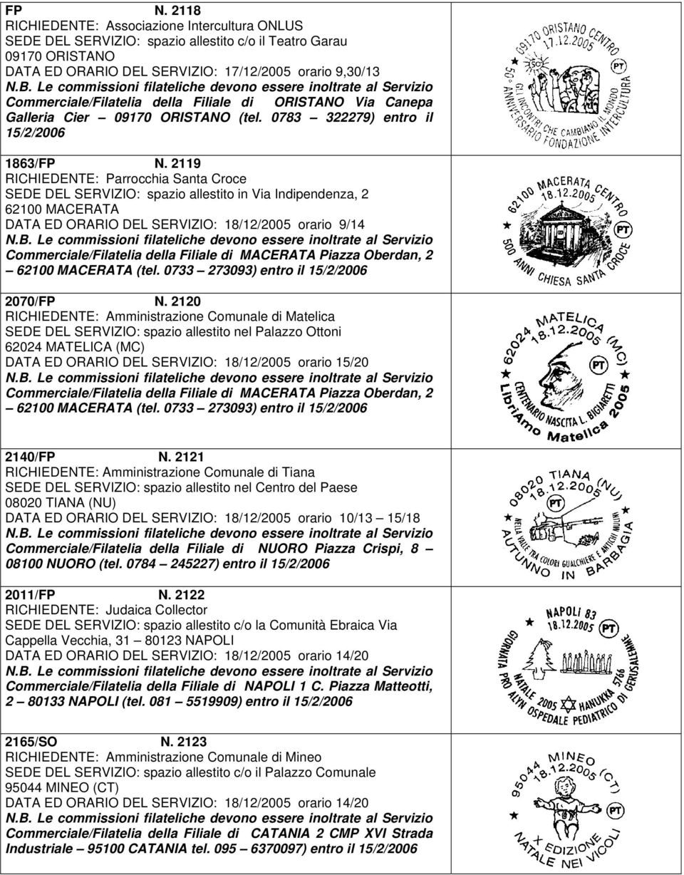 2119 RICHIEDENTE: Parrocchia Santa Croce SEDE DEL SERVIZIO: spazio allestito in Via Indipendenza, 2 62100 MACERATA DATA ED ORARIO DEL SERVIZIO: 18/12/2005 orario 9/14 Commerciale/Filatelia della