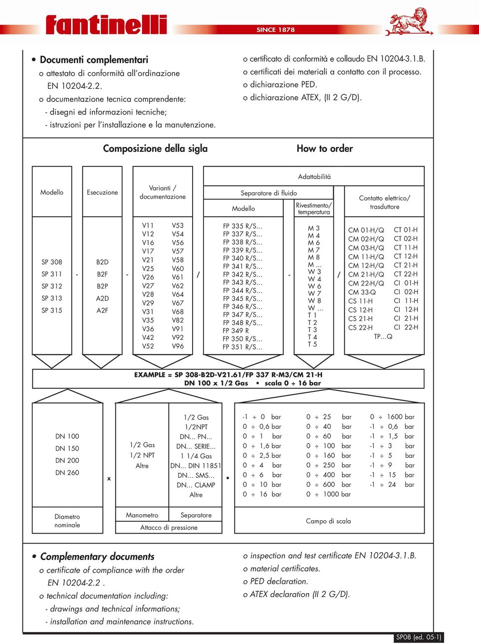 How to order Adattabilità Modello Esecuzione Varianti / documentazione Separatore di fluido Modello Rivestimento/ temperatura Contatto elettrico/ trasduttore SP 308 SP 311 SP 312 SP 313 SP 315 V11