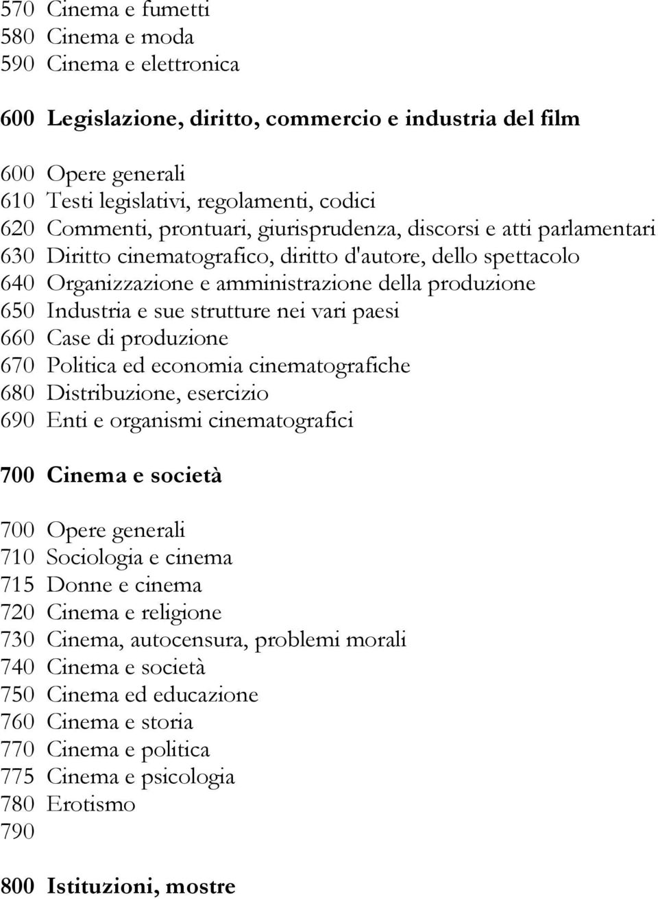 strutture nei vari paesi 660 Case di produzione 670 Politica ed economia cinematografiche 680 Distribuzione, esercizio 690 Enti e organismi cinematografici 700 Cinema e società 700 Opere generali 710