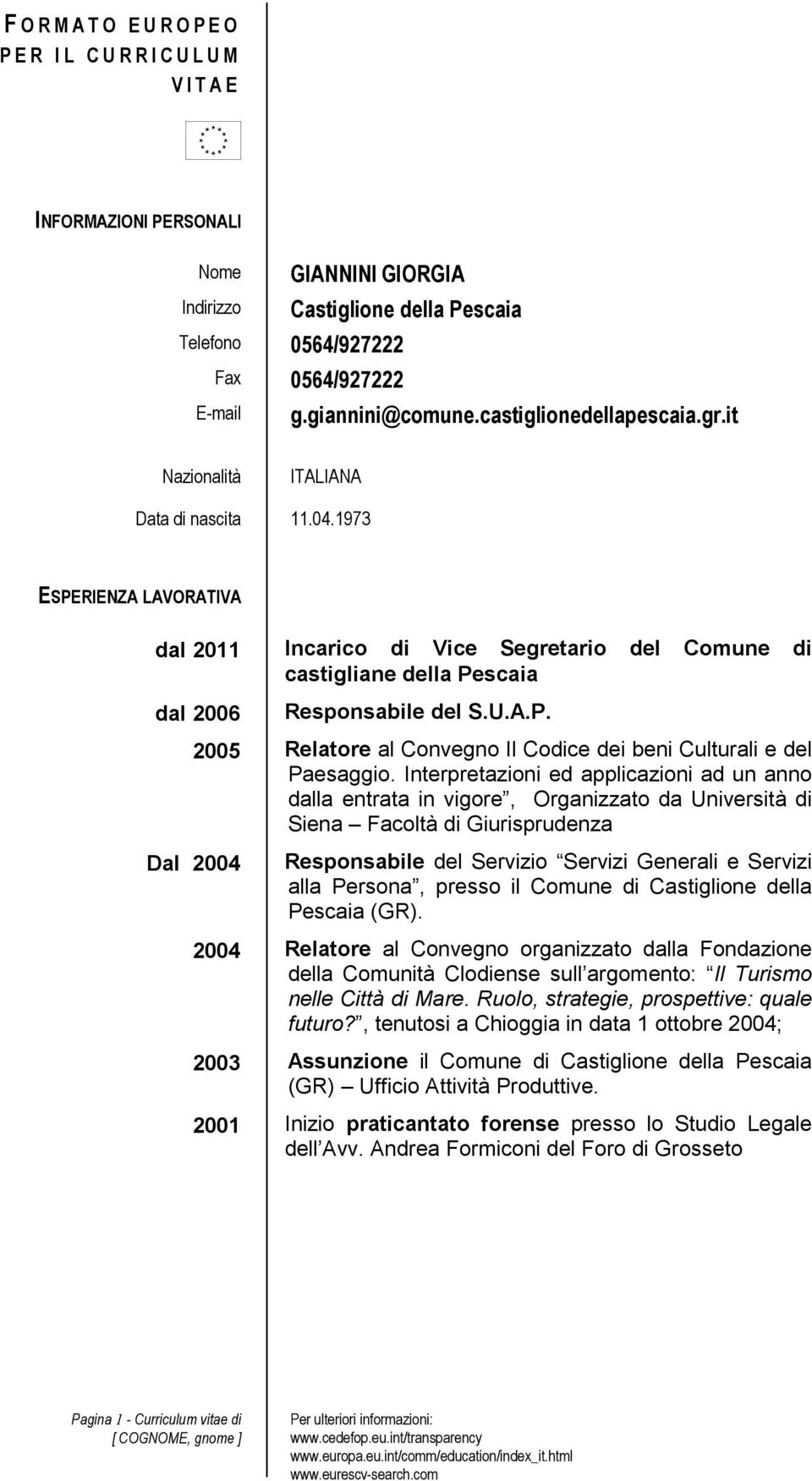 1973 ESPERIENZA LAVORATIVA dal 2011 dal 2006 Incarico di Vice Segretario del Comune di castigliane della Pescaia Responsabile del S.U.A.P. 2005 Relatore al Convegno Il Codice dei beni Culturali e del Paesaggio.