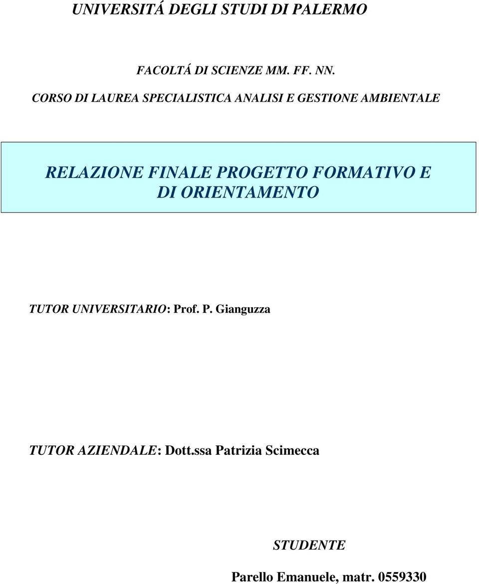 FINALE PROGETTO FORMATIVO E DI ORIENTAMENTO TUTOR UNIVERSITARIO: Prof. P. Gianguzza TUTOR AZIENDALE: Dott.