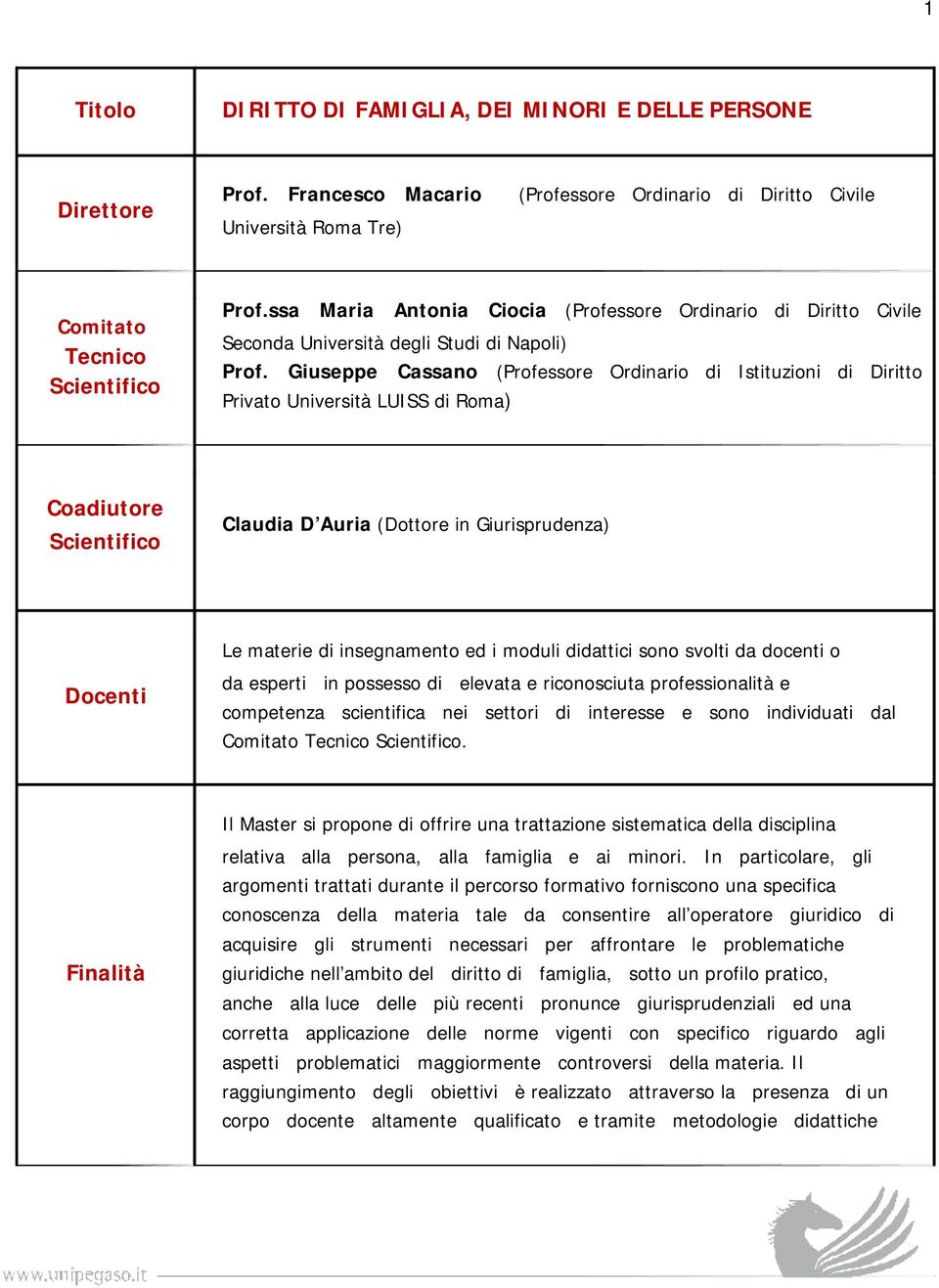 Giuseppe Cassano (Professore Ordinario di Istituzioni di Diritto Privato Università LUISS di Roma) Coadiutore Scientifico Claudia D Auria (Dottore in Giurisprudenza) Le materie di insegnamento ed i