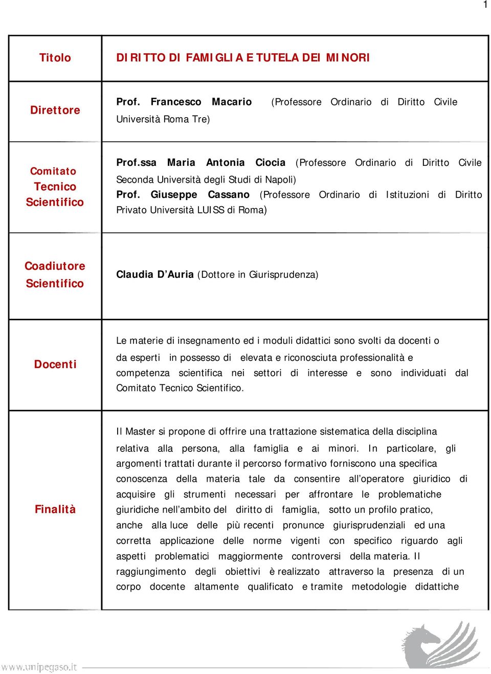 Giuseppe Cassano (Professore Ordinario di Istituzioni di Diritto Privato Università LUISS di Roma) Coadiutore Scientifico Claudia D Auria (Dottore in Giurisprudenza) Le materie di insegnamento ed i