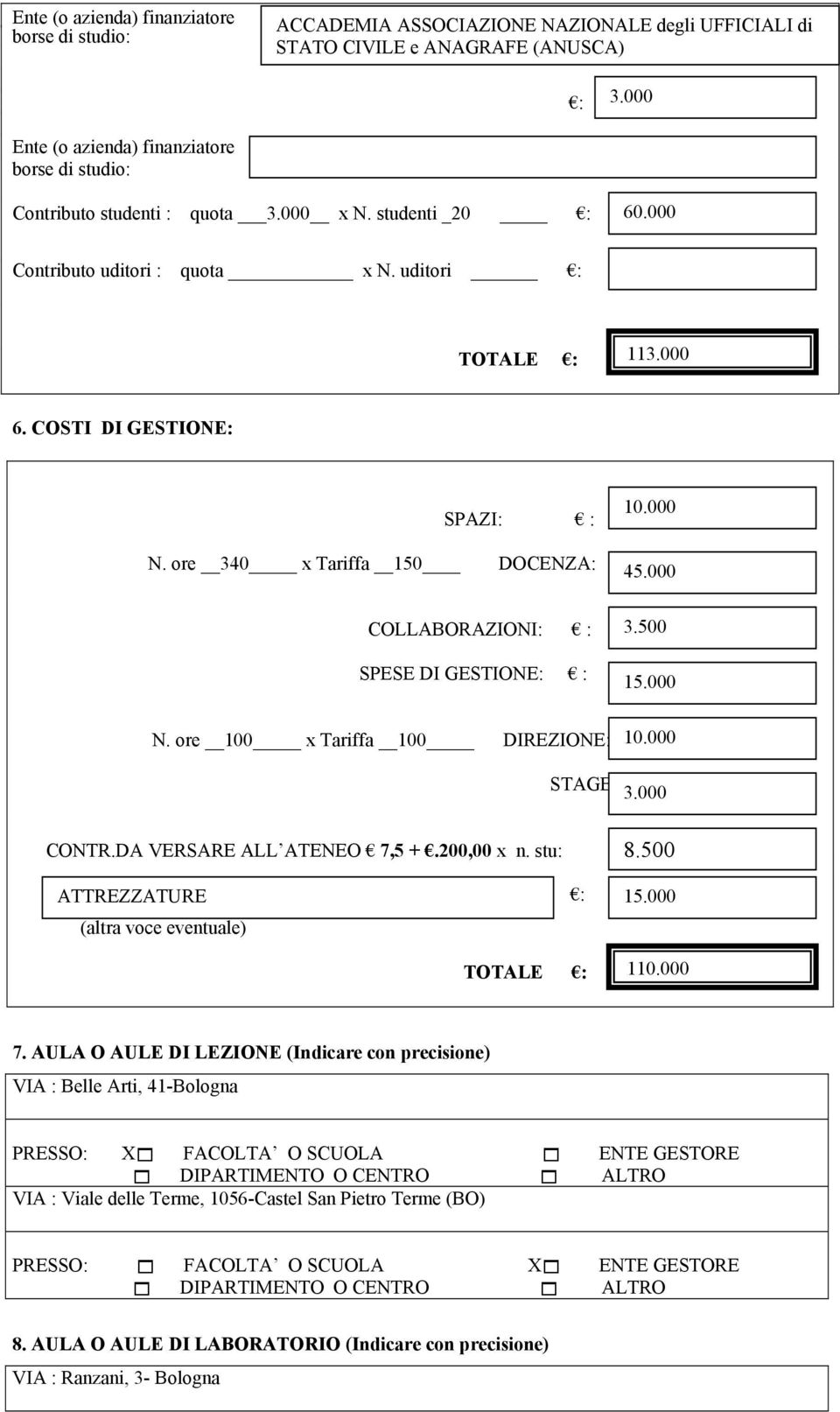 COSTI DI GESTIONE: SPAZI: 10.000 N. ore 340 x Tariffa 150 DOCENZA: 45.000 COLLABORAZIONI: SPESE DI GESTIONE: 3.500 15.000 N. ore 100 x Tariffa 100 DIREZIONE: 10.000 STAGE: 3.000 CONTR.