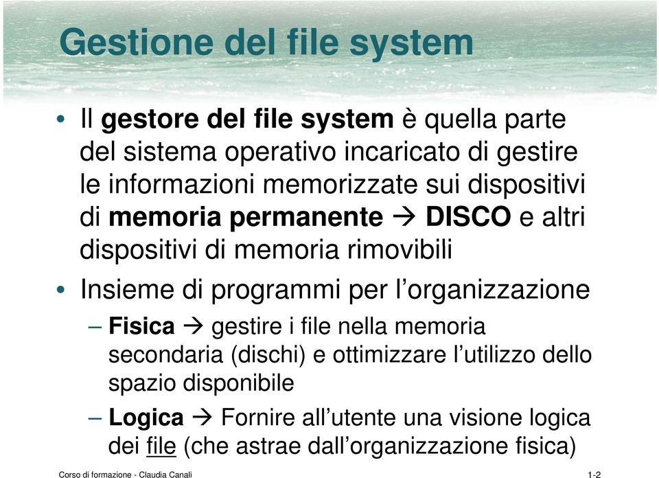 organizzazione Fisica gestire i file nella memoria secondaria (dischi) e ottimizzare l utilizzo dello spazio disponibile