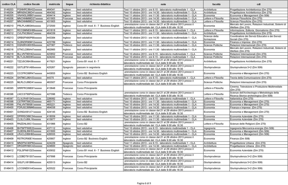 30 - laboratorio multimediale 1 - CLA 0149205 VNANGL88B01xxxxxx 404414 Inglese test valutativo Test 11 ottobre 2013 - ore 11.
