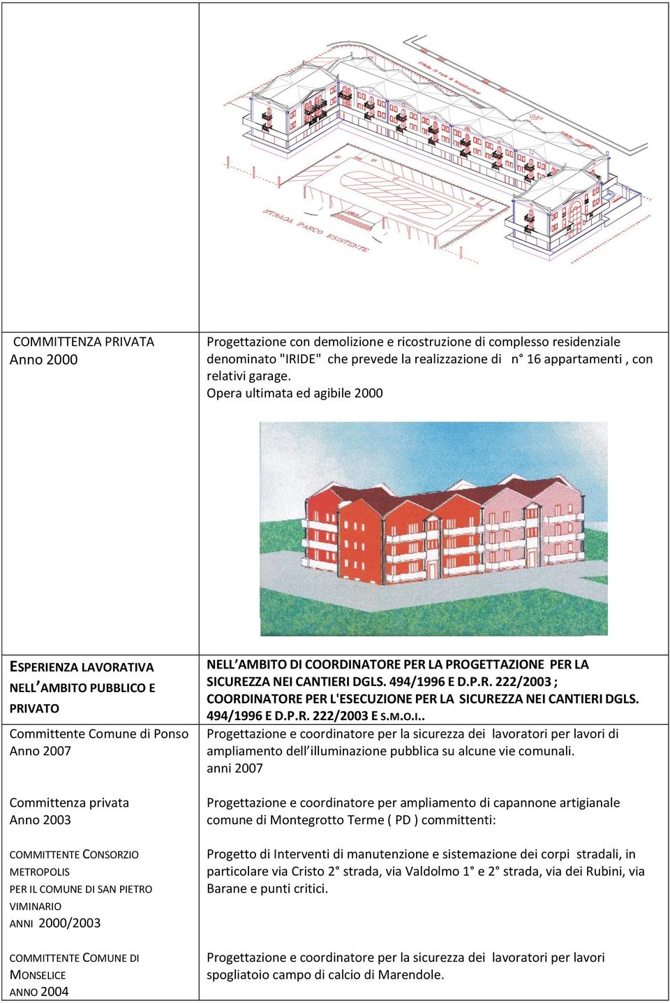 2004 NELL AMBITO DI COORDINATORE PER LA PROGETTAZIONE PER LA SICUREZZA NEI CANTIERI DGLS. 494/1996 E D.P.R. 222/2003 ; COORDINATORE PER L'ESECUZIONE PER LA SICUREZZA NEI CANTIERI DGLS. 494/1996 E D.P.R. 222/2003 E S.