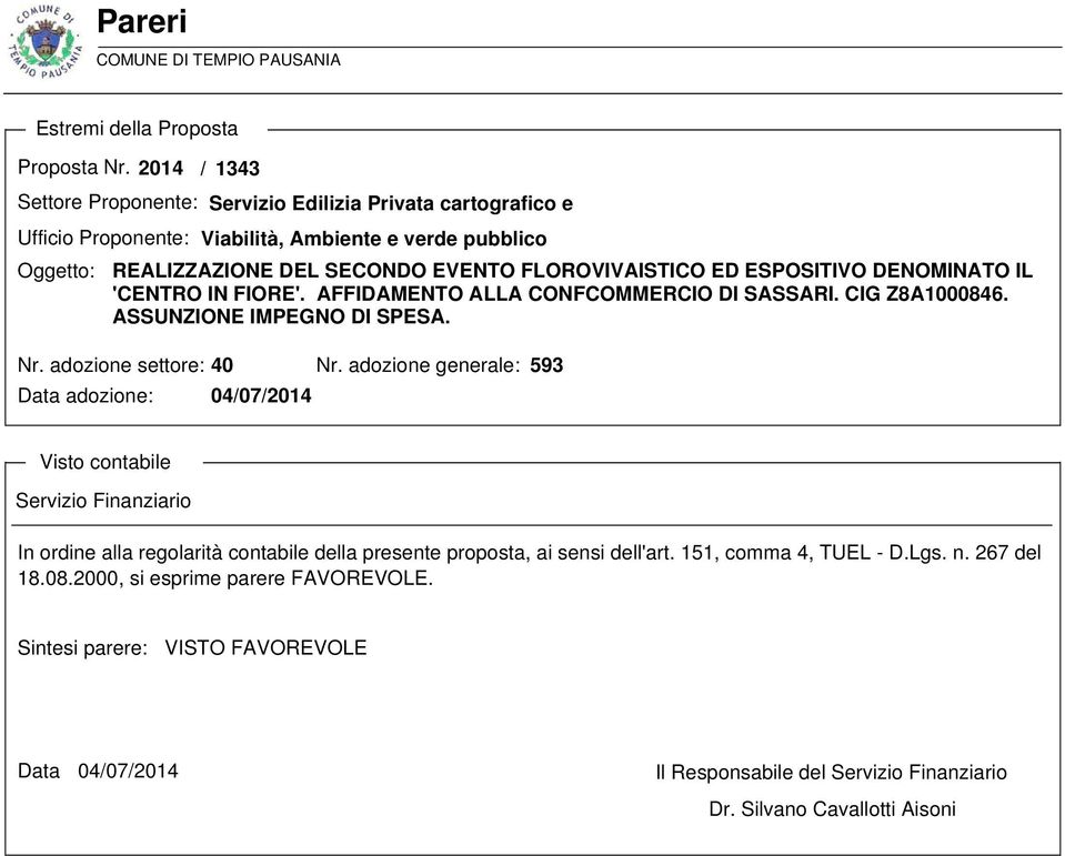 ESPOSITIVO DENOMINATO IL 'CENTRO IN FIORE'. AFFIDAMENTO ALLA CONFCOMMERCIO DI SASSARI. CIG Z8A1000846. ASSUNZIONE IMPEGNO DI SPESA. Nr. adozione settore: 40 Nr.