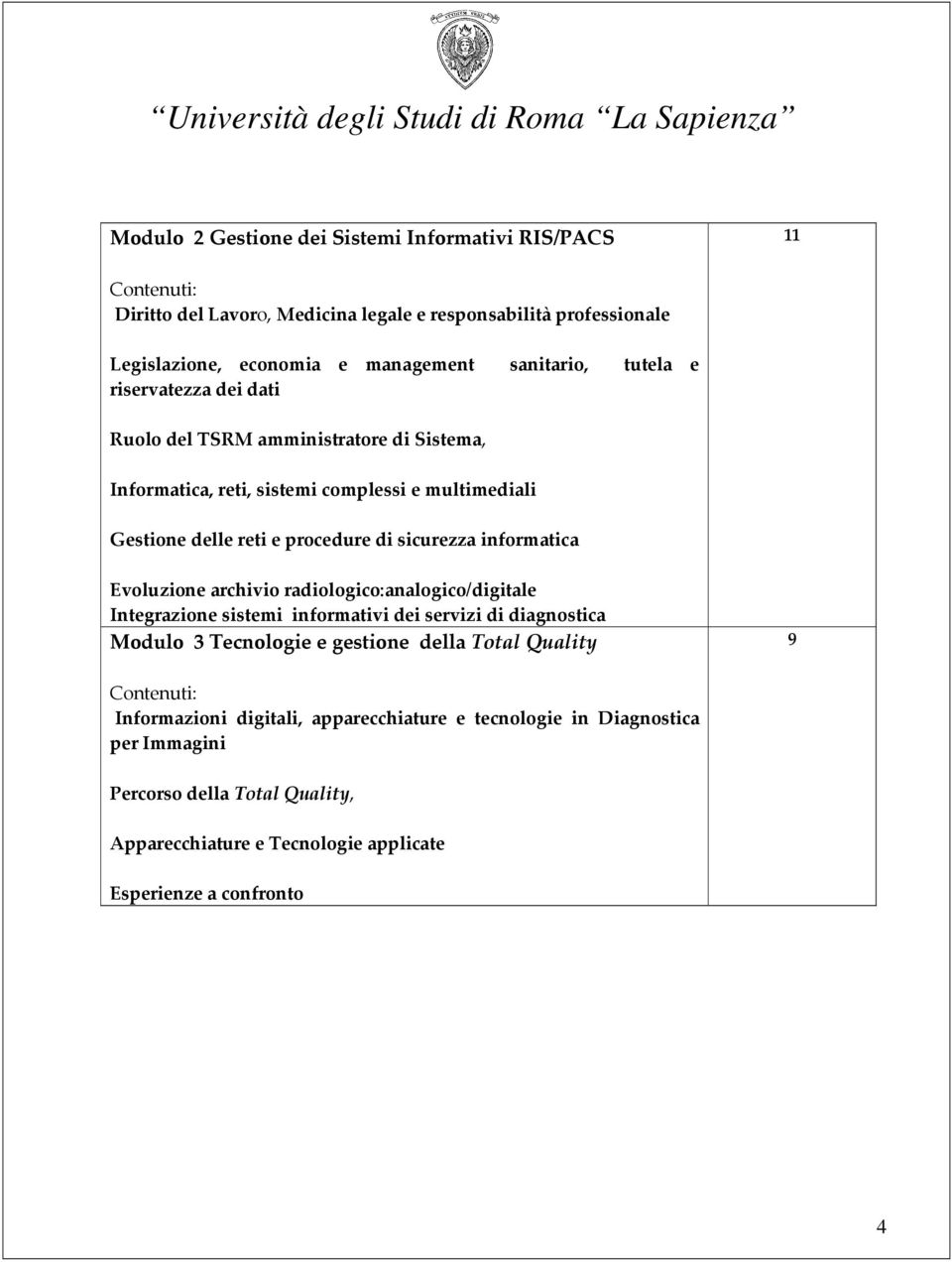 sicurezza informatica Evoluzione archivio radiologico:analogico/digitale Integrazione sistemi informativi dei servizi di diagnostica Modulo 3 Tecnologie e gestione della Total