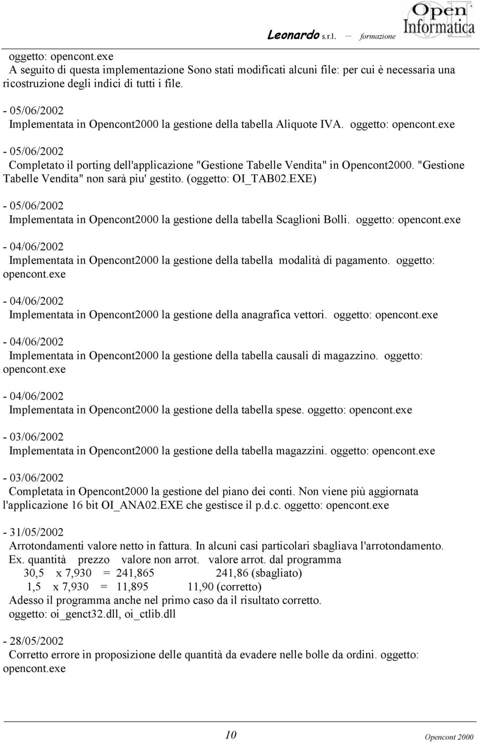 "Gestione Tabelle Vendita" non sarà piu' gestito. (oggetto: OI_TAB02.EXE) - 05/06/2002 Implementata in Opencont2000 la gestione della tabella Scaglioni Bolli. oggetto: opencont.