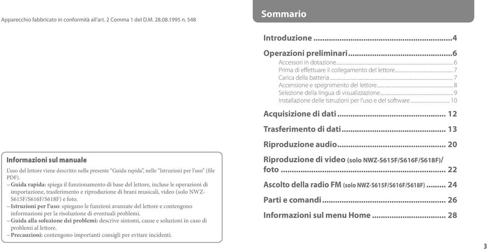 Guida rapida: spiega il funzionamento di base del lettore, incluse le operazioni di importazione, trasferimento e riproduzione di brani musicali, video (solo NWZ- S615F/S616F/S618F) e foto.