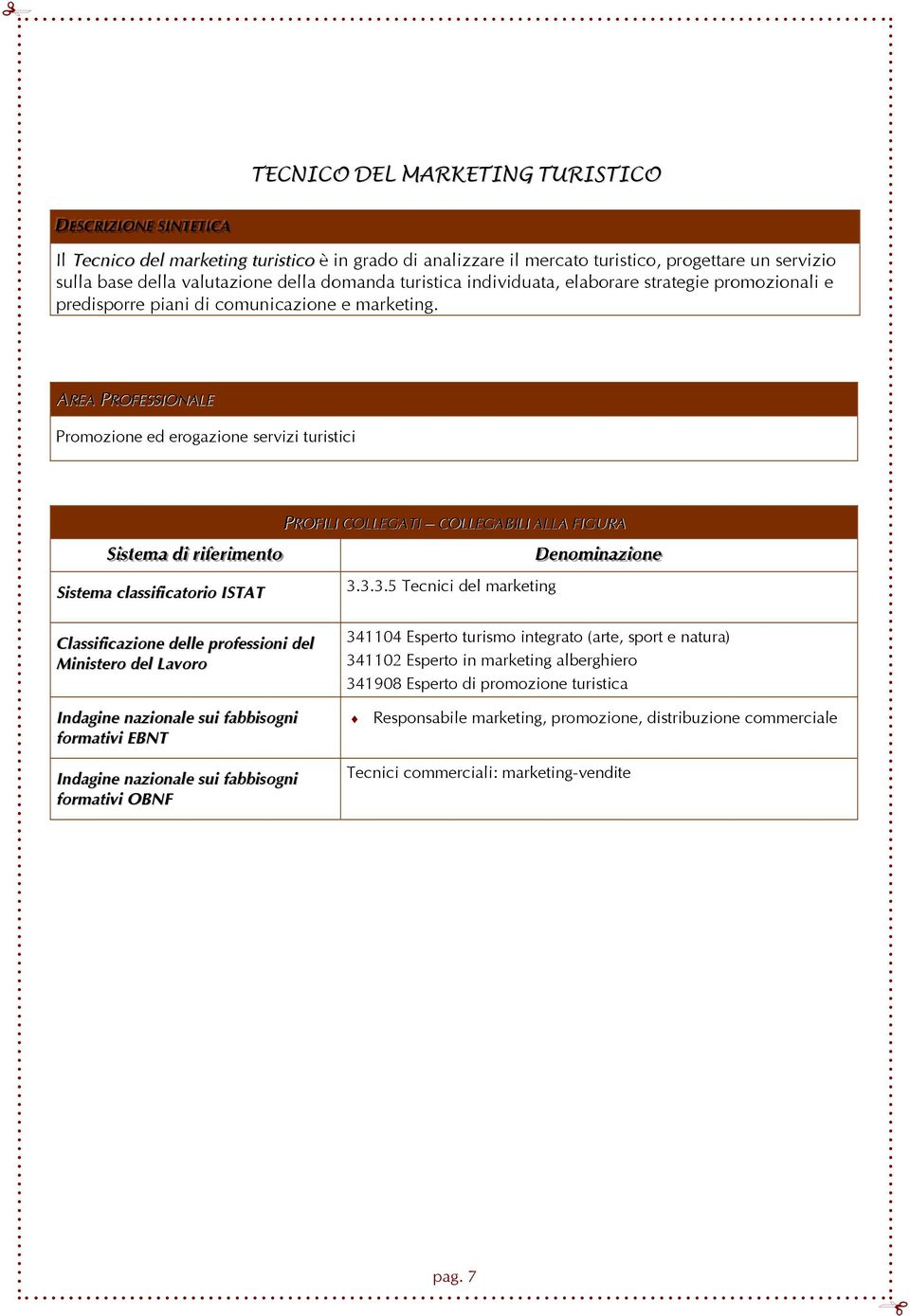 AREA PROFESSIONALE Promozione ed erogazione servizi turistici SSi isst teemaa ddi i rri ifeerri imeennt too Sistema classificatorio ISTAT PROFILI COLLEGATI COLLEGABILI ALLA FIGURA 3.