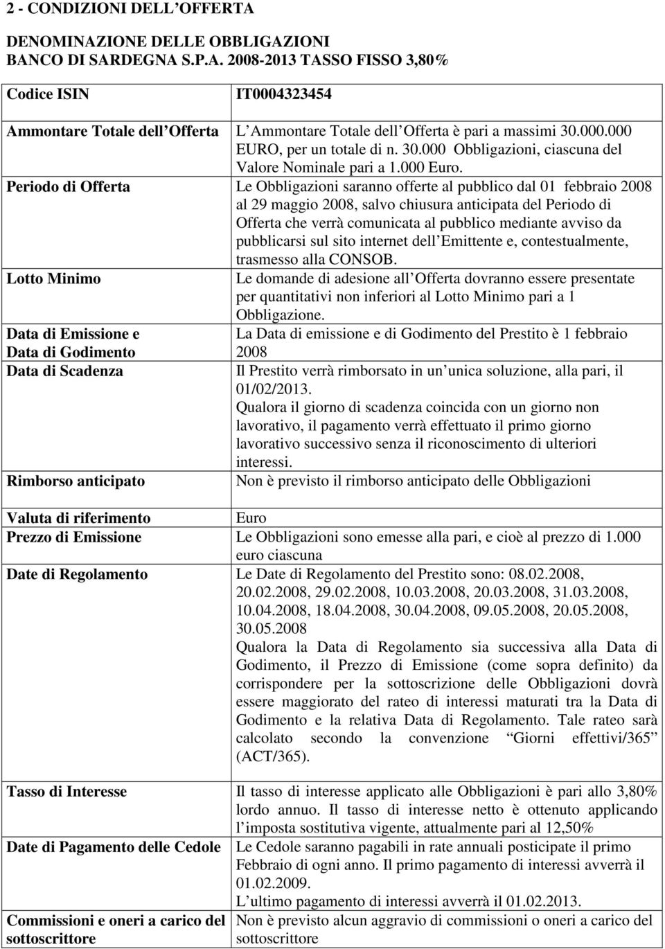 Periodo di Offerta Le Obbligazioni saranno offerte al pubblico dal 01 febbraio 2008 al 29 maggio 2008, salvo chiusura anticipata del Periodo di Offerta che verrà comunicata al pubblico mediante