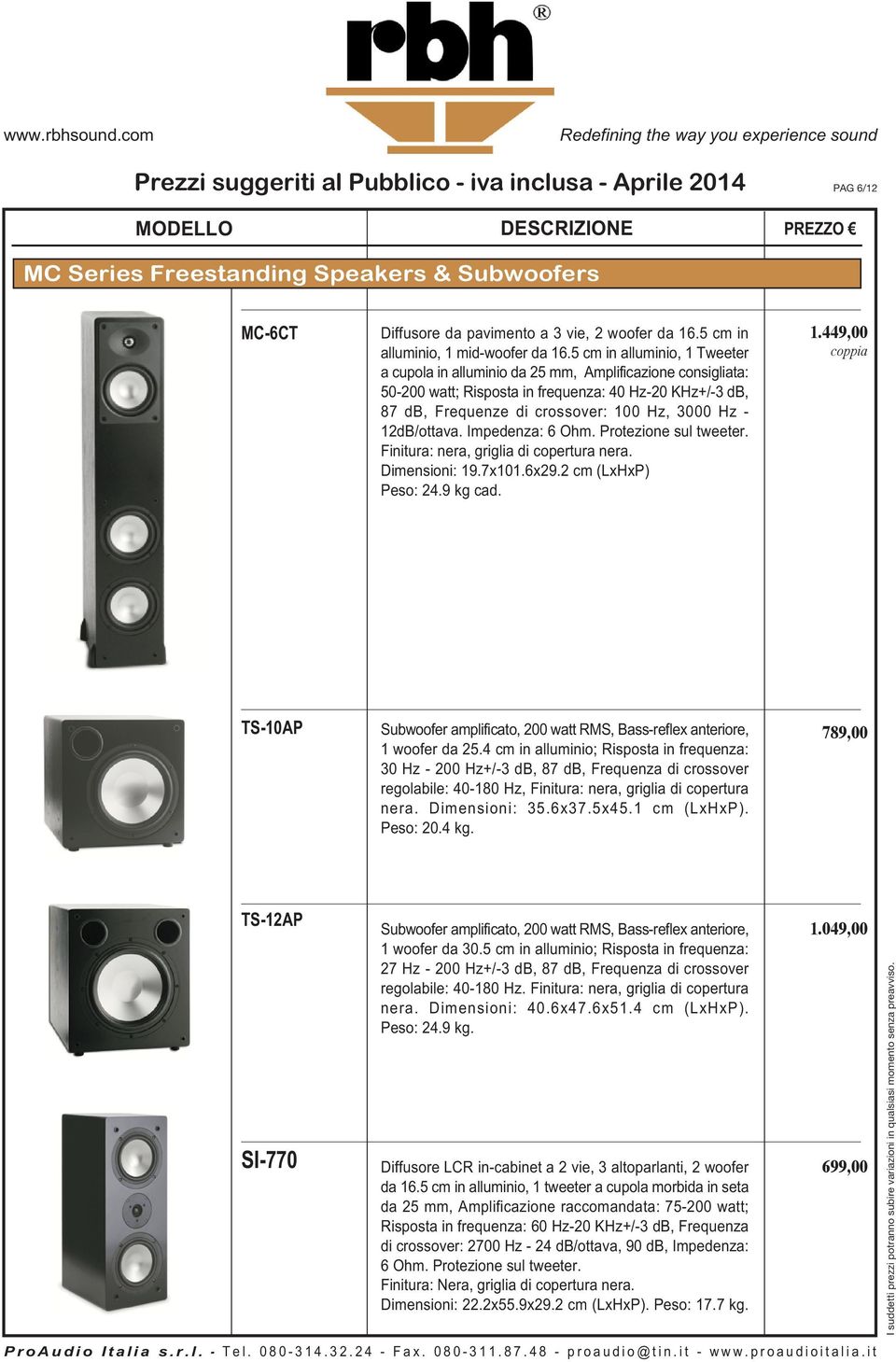 12dB/ottava. Impedenza: 6 Ohm. Protezione sul tweeter. Finitura: nera, griglia di copertura nera. Dimensioni: 19