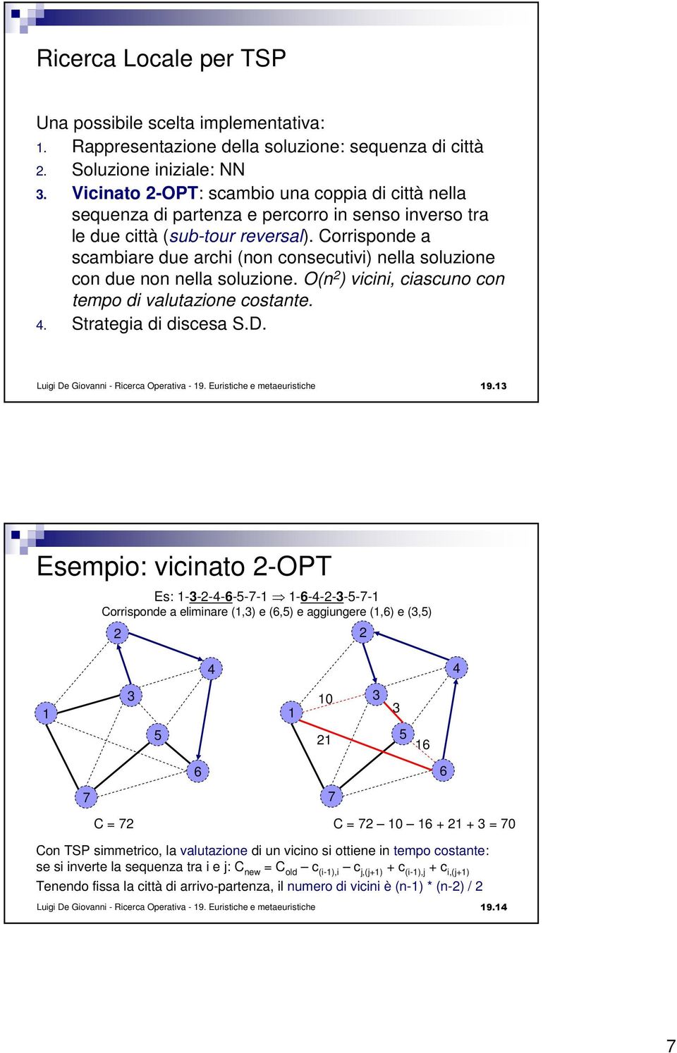 Corrisponde a scambiare due archi (non consecutivi) nella soluzione con due non nella soluzione. O(n 2 ) vicini, ciascuno con tempo di valutazione costante. 4. Strategia di discesa S.D.