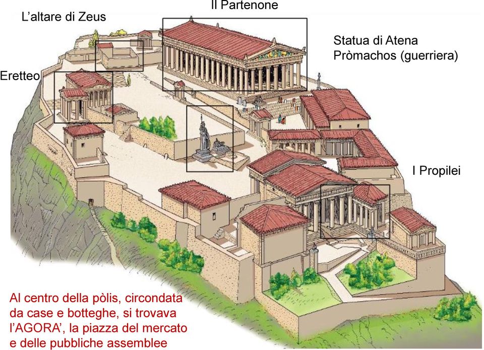 della pòlis, circondata da case e botteghe, si