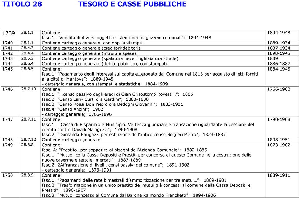 1743 28.5.2 Contiene carteggio generale (spalatura neve, inghiaiatura strade). 1889 1744 28.6.4 Contiene carteggio generale (debito pubblico), con stampati. 1886-1887 1745 28.6.5 Contiene: 1884-1945 fasc.