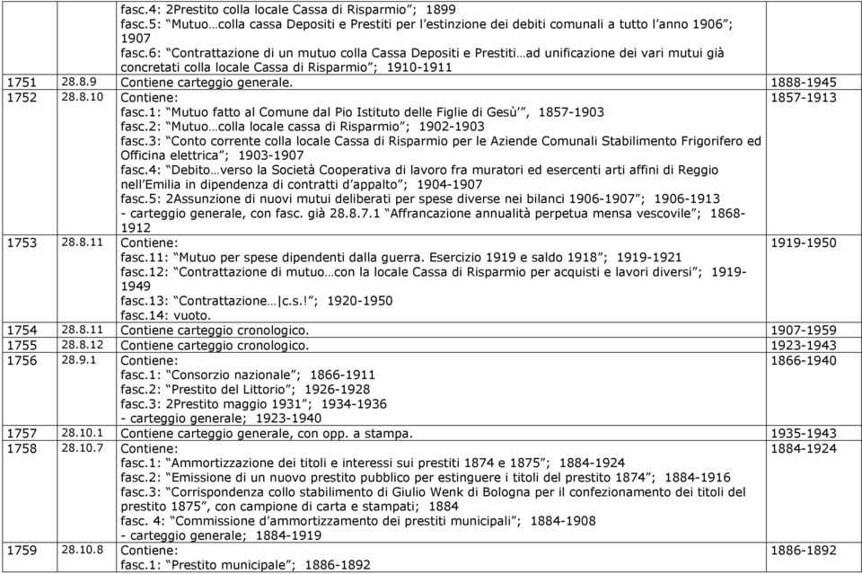 1888-1945 1752 28.8.10 Contiene: 1857-1913 fasc.1: Mutuo fatto al Comune dal Pio Istituto delle Figlie di Gesù, 1857-1903 fasc.2: Mutuo colla locale cassa di Risparmio ; 1902-1903 fasc.