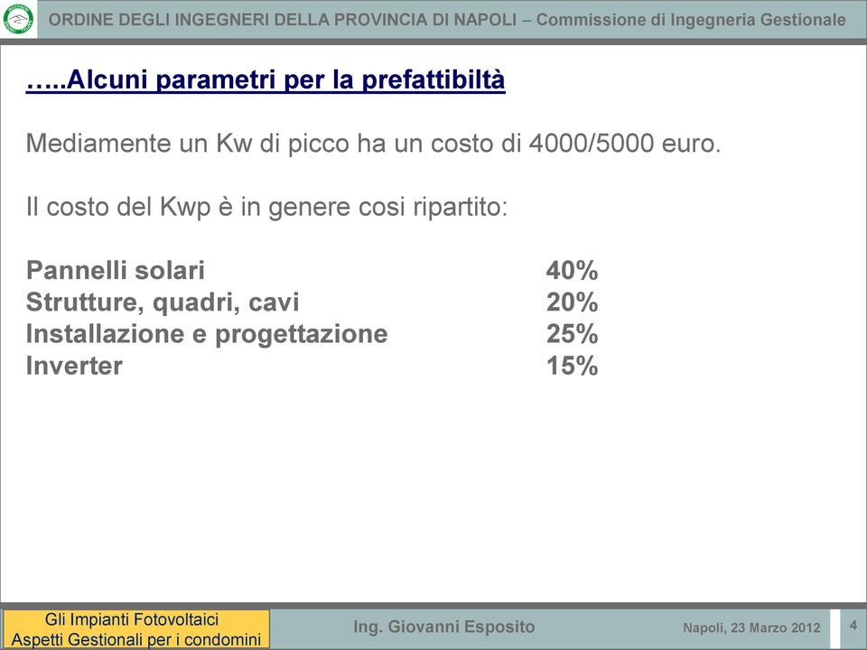 Il costo del Kwp è in genere cosi ripartito: Pannelli